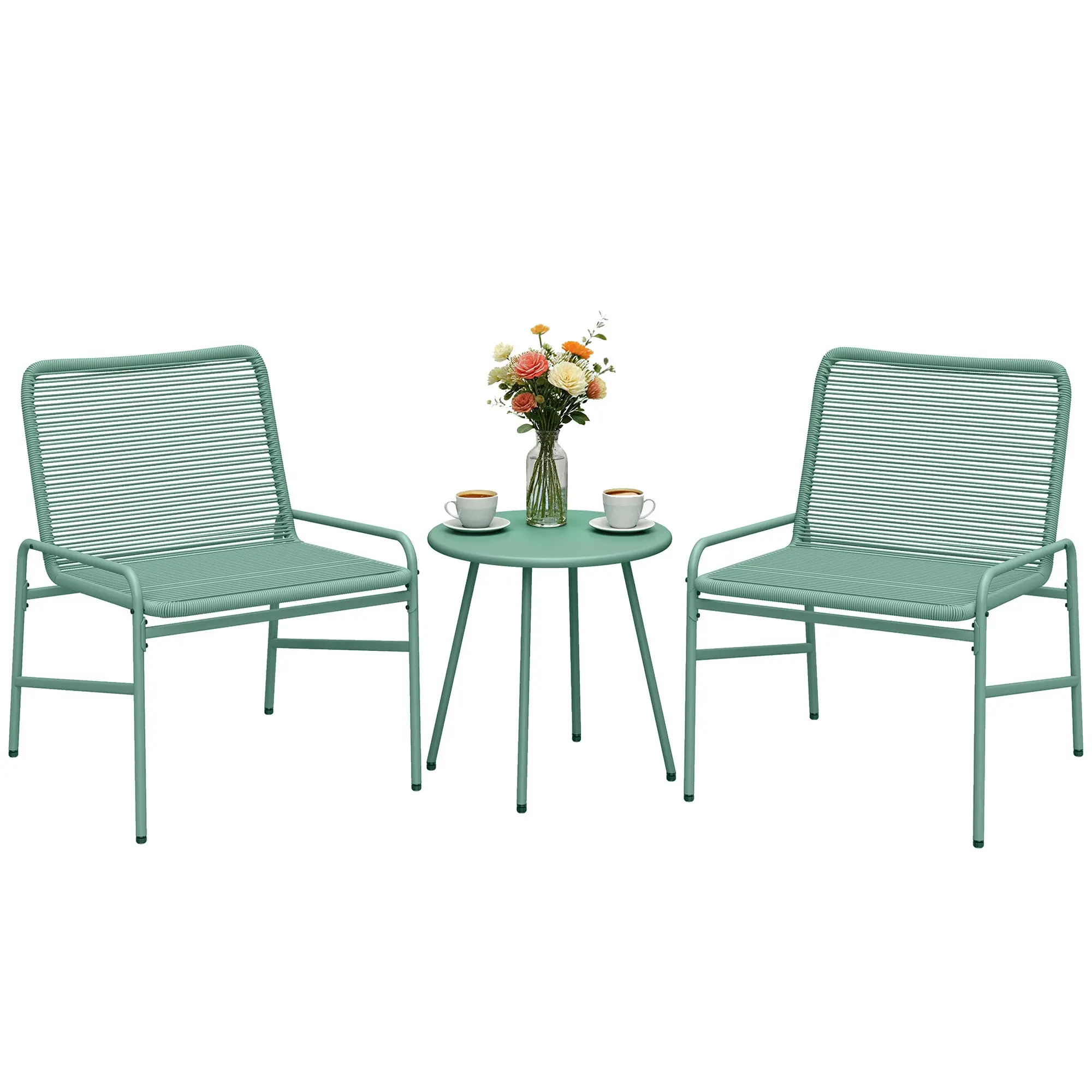 3-Piece Outdoor Woven Resin Bistro Set – Round Garden Table with 2 Chairs, Adjustable Feet, Galvanized Steel Frame, Mint Green