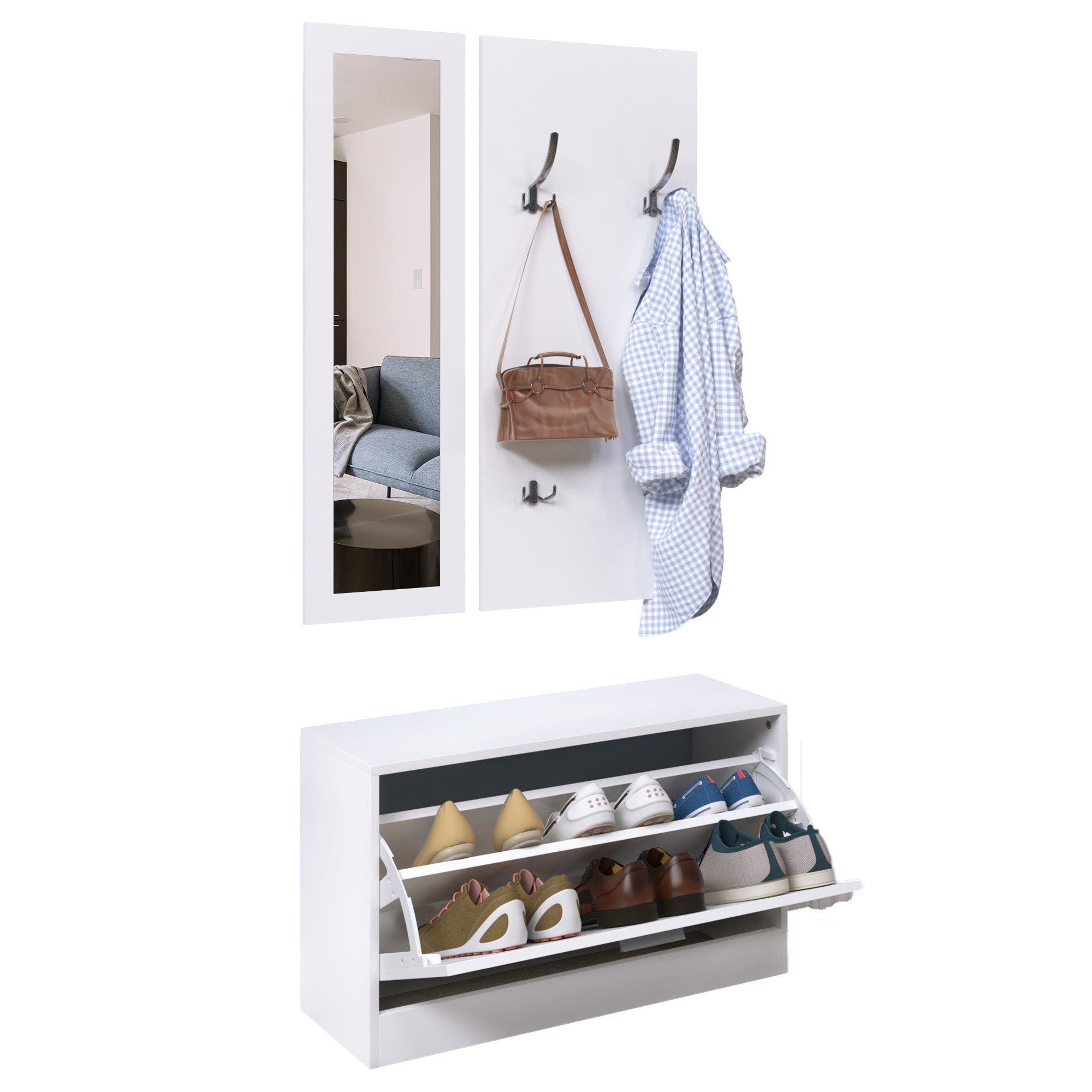 HOMCOM Előszobabútor Szett - 3 Részes Cipőszekrény, Tükör, Kabátakasztó 4 Akasztóval - 80x27x46.5 cm Fehér