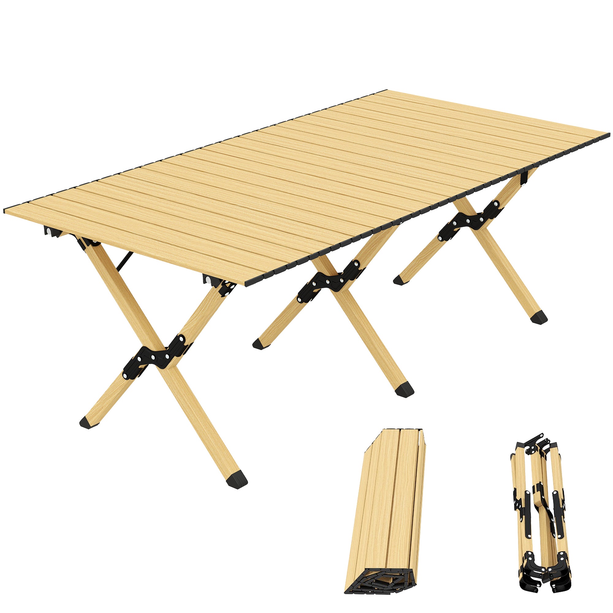 Outsunny Campingtisch 117 x 60 cm – Aluminium-Klapptisch mit aufrollbarer Holzoptik-Tischplatte, Tragetasche, wasserdicht, leicht, belastbar bis 30 kg – Eiche
