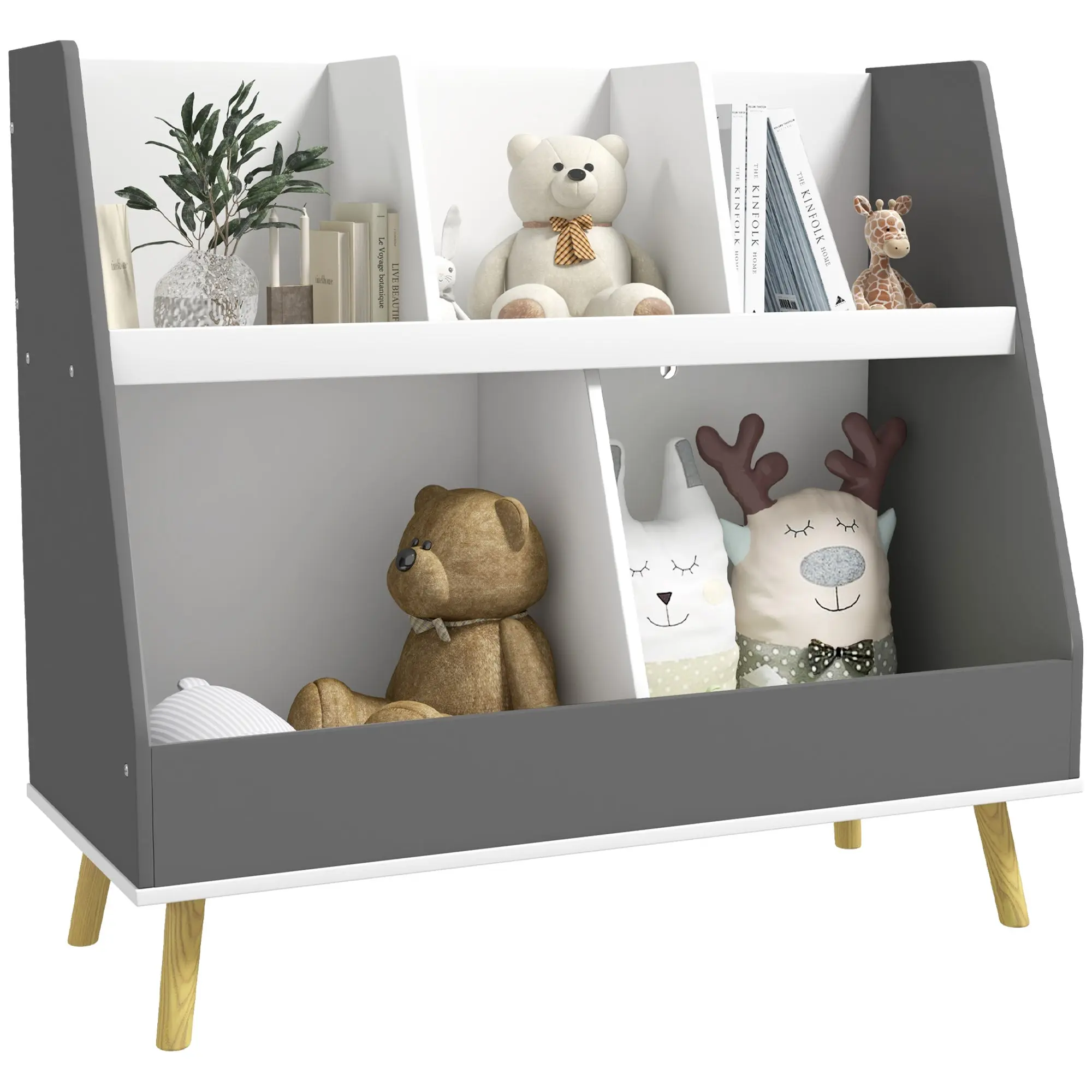 2-Tier Children's Bookcase, Toy Storage Trolley with 5 Compartments and Anti-Tipping Device, 80x34x72.5cm, Grey