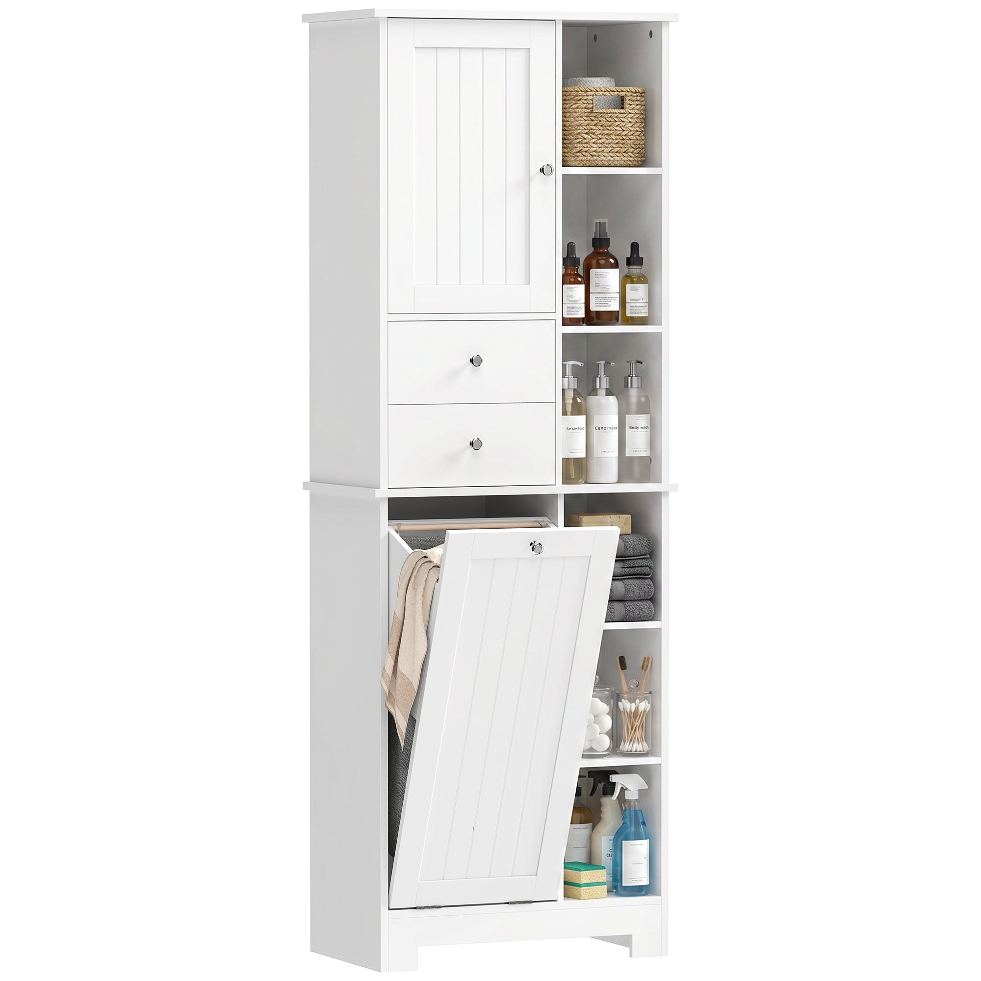HOMCOM schmaacht héich Buedzëmmer-Schräin mat erausgezunnener Wäschkëscht, oppenen Regaler, 2 Zénger a Dieren mat Soft-Close – Wäiss, 60 x 28,8 x 171 cm