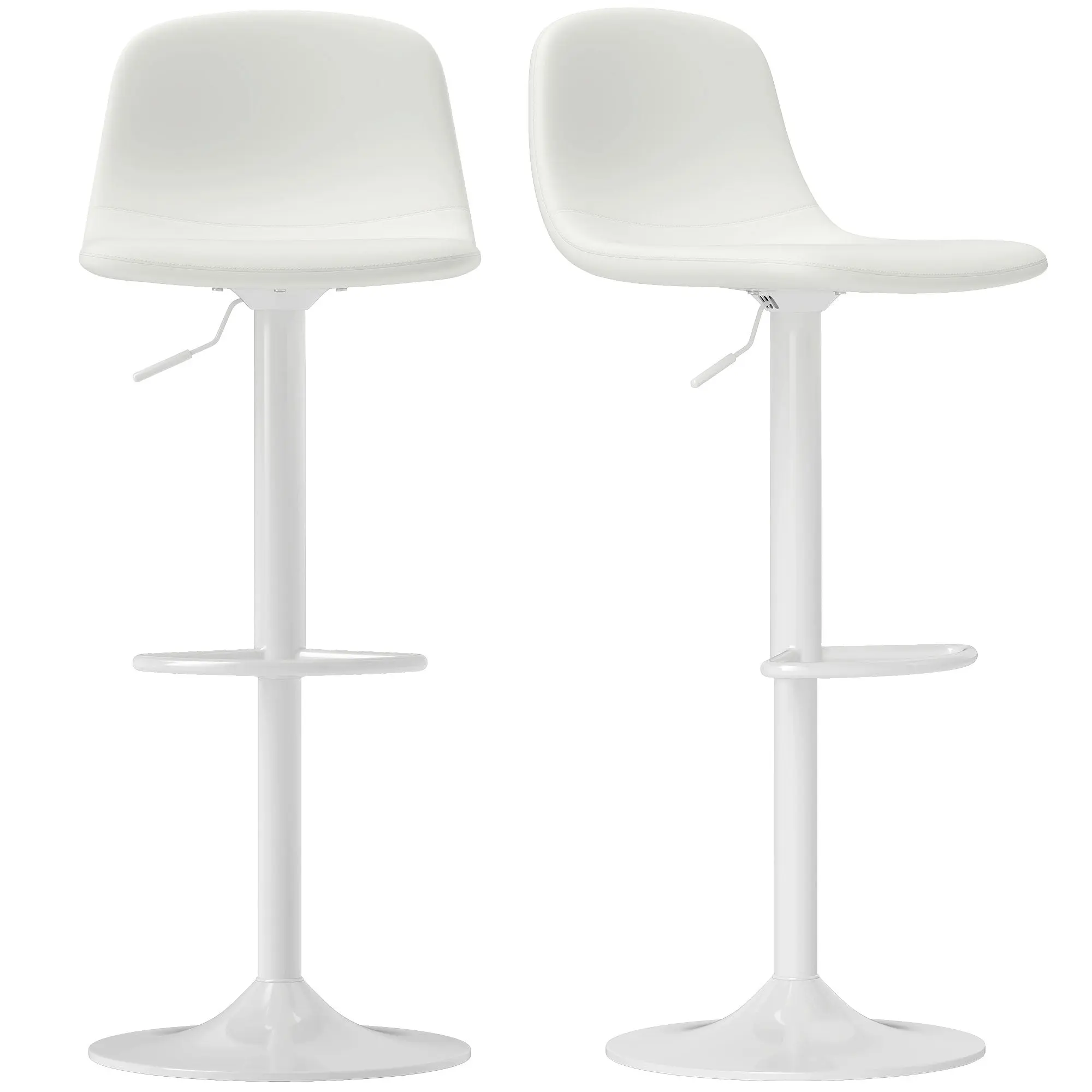 Set of 2 Bar Stools High Kitchen Stools Adjustable Height 84-104 cm with Backrest and Footrest Upholstered in PU 360° Swivel for Dining Counter White