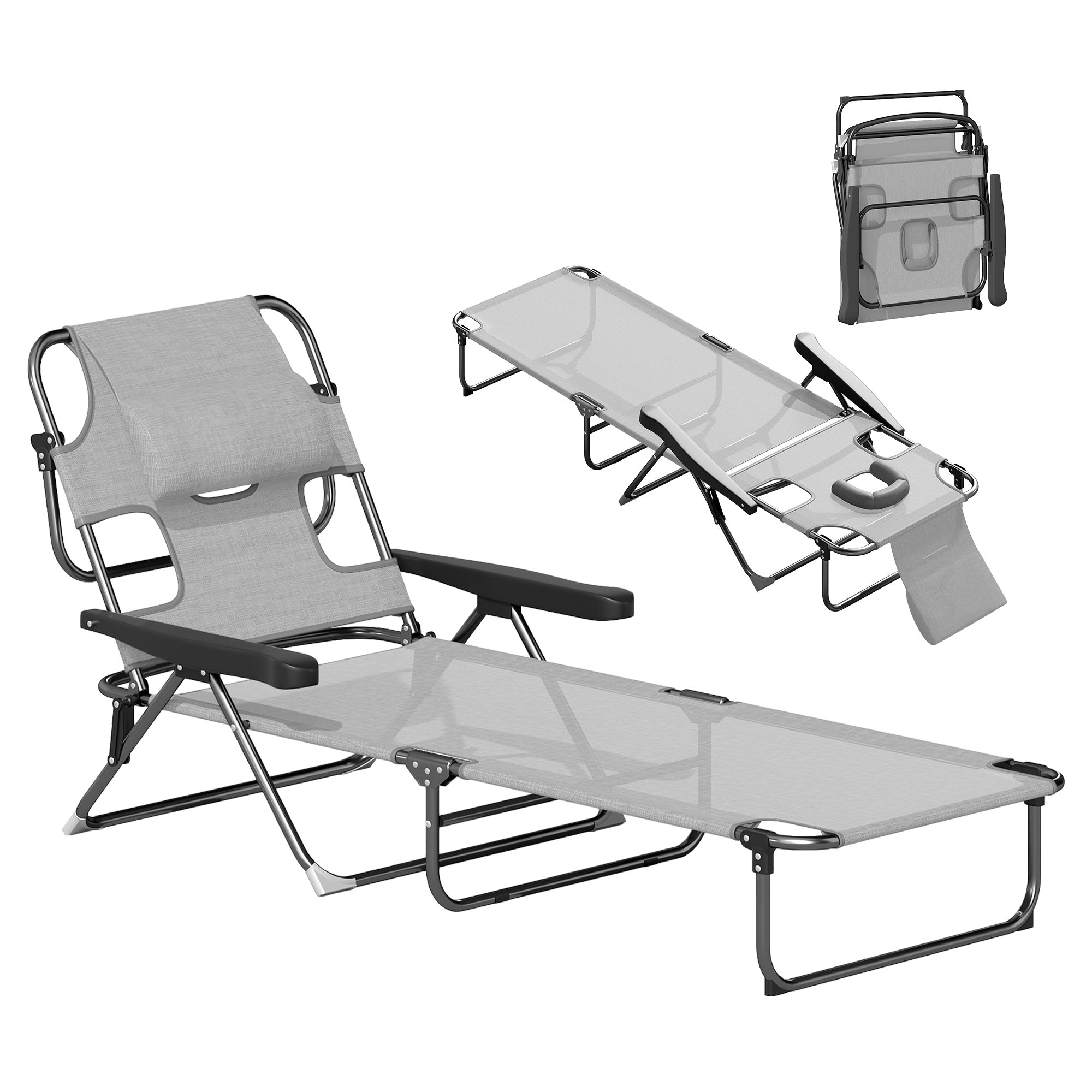 Folding Sun Lounger Garden Lounger with Reading Window, Head Pillow, Reclining Chair with 4-Fold Adjustable Backrest, Weatherproof Camping Lounger up to 120 kg Load Capacity, for Garden Beach Pool, Dark Gray