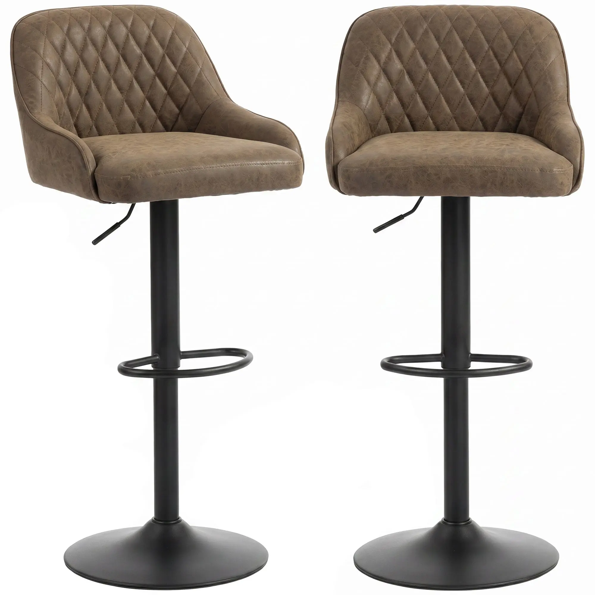 Set of 2 Bar Stools — Swivel, Adjustable Height Counter Stools with Backrest, PU Upholstery for Kitchen Island & Dining Room, Dark Brown