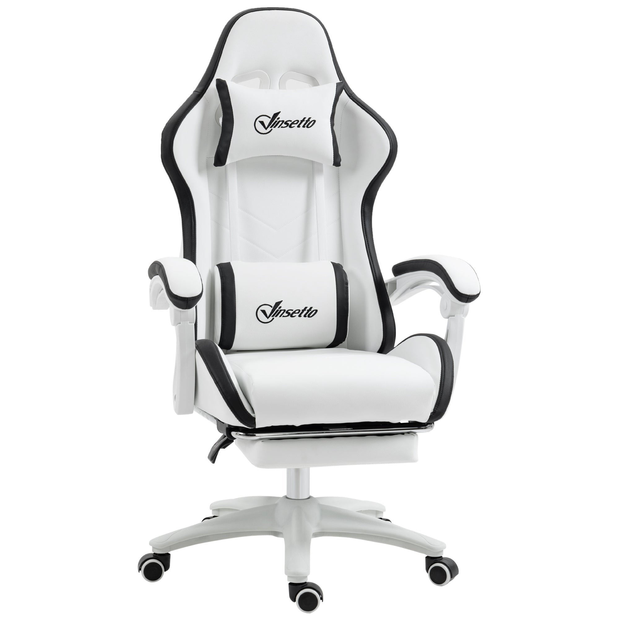 Vinsetto Gaming Chair Racing Gamer Chair in PU Leer met Verstelbare Hoogte, 135° Rugleuning, Hoofdkussen, Lendensteun en Uittrekbare Voetsteun voor Kantoor of Studie 65x65x121-129 cm Wit