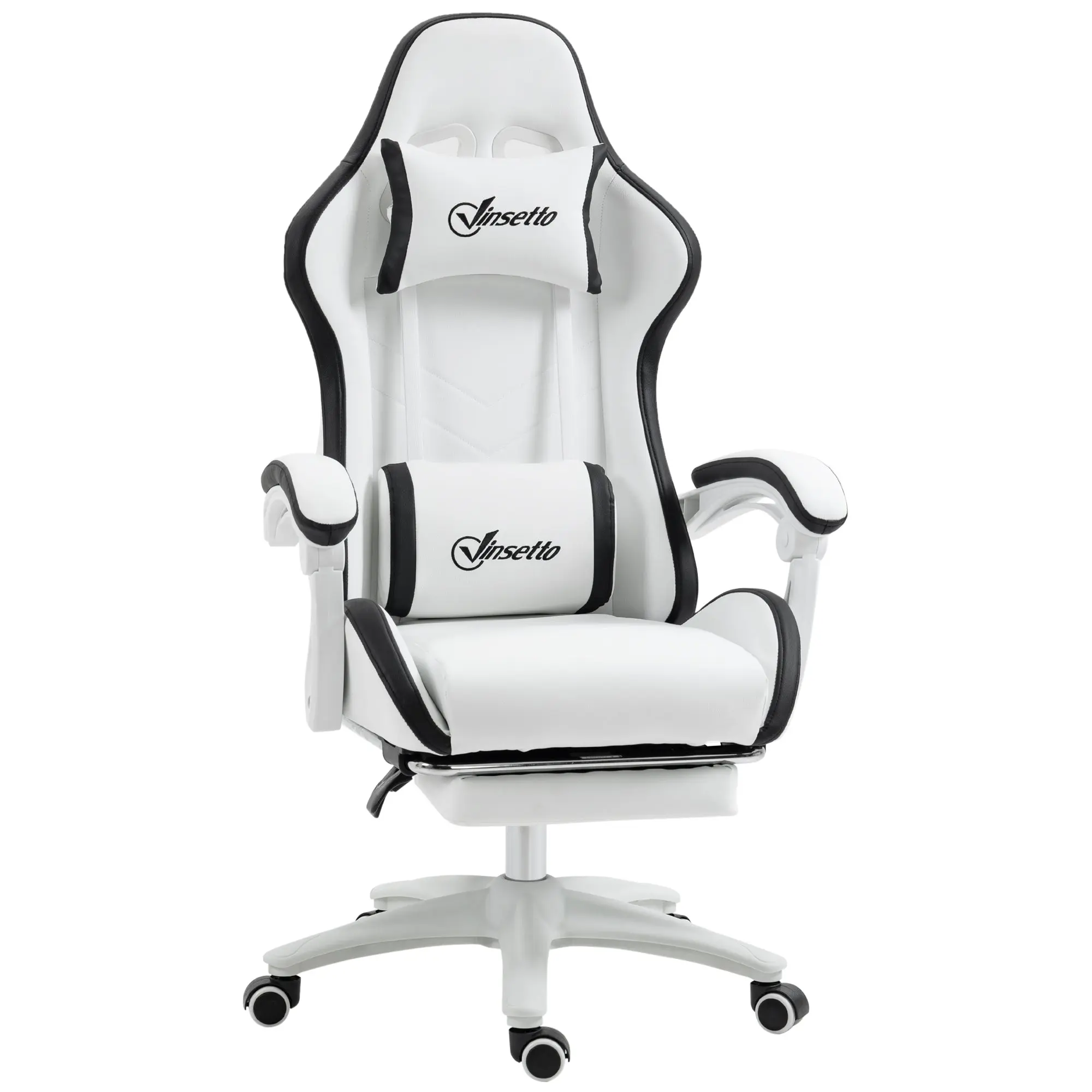 Gaming Chair Racing Gamer Chair in PU Leather with Adjustable Height Reclining 135° Headrest Lumbar Support and Retractable Footrest for Office Study 65x65x121-129 cm White