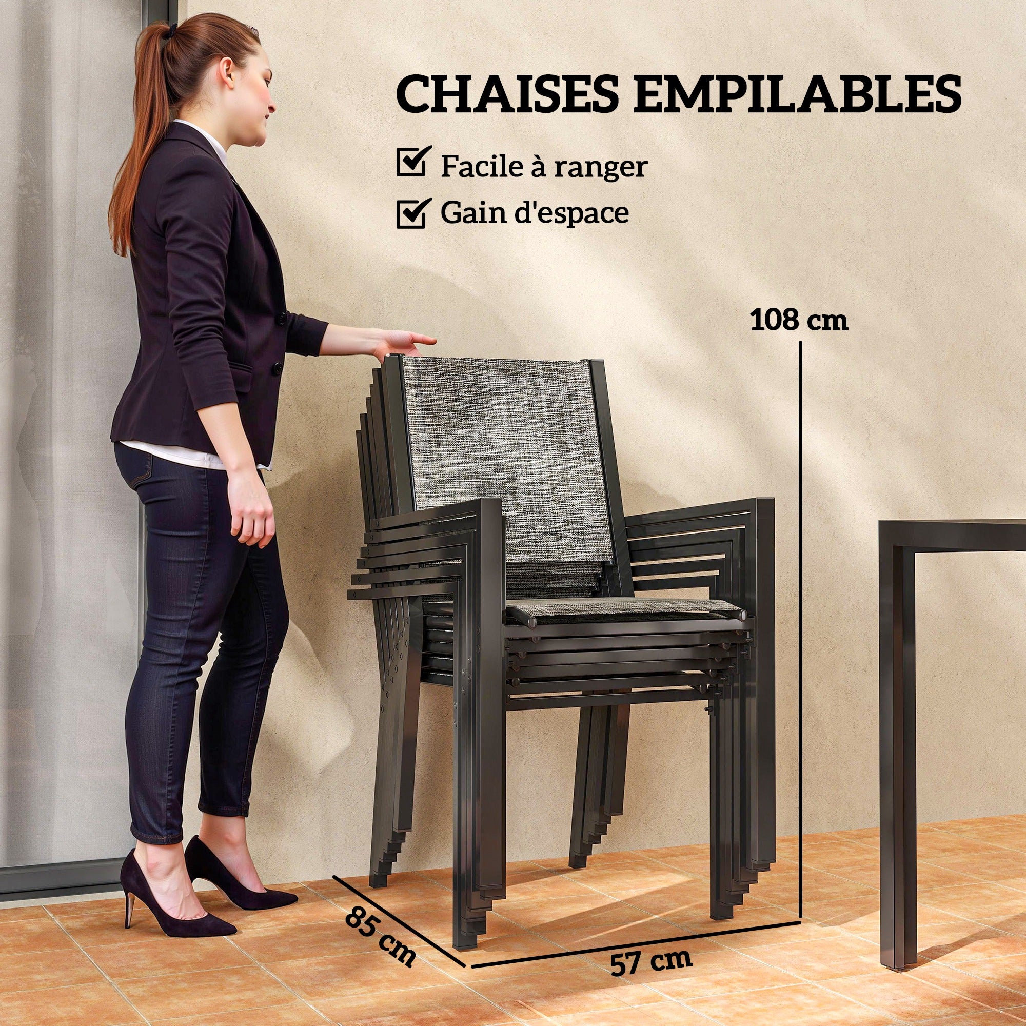 Ensemble de meubles de jardin 7 pièces Outsunny, Table de jardin extérieure avec 6 chaises empilables, Plateau strié de 150 cm, Cadre en acier résistant à la rouille, Mobilier de jardin, Terrasse, Pat