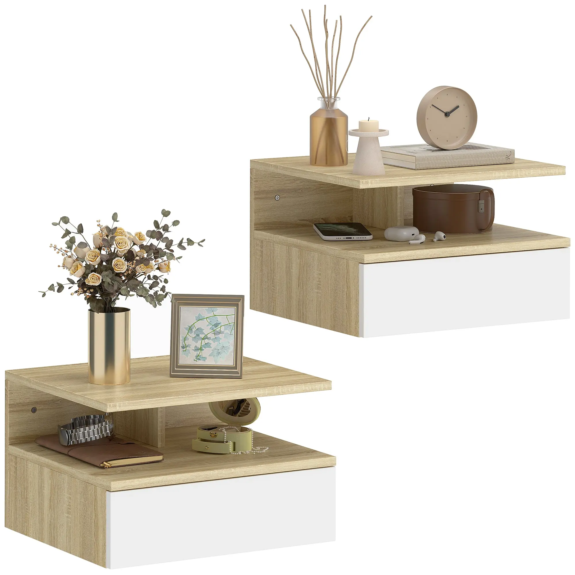 Set of 2 Floating Wall-Mounted Nightstands with Drawer, Modern Oak & White, 13.8 x 12.6 x 8.9 in
