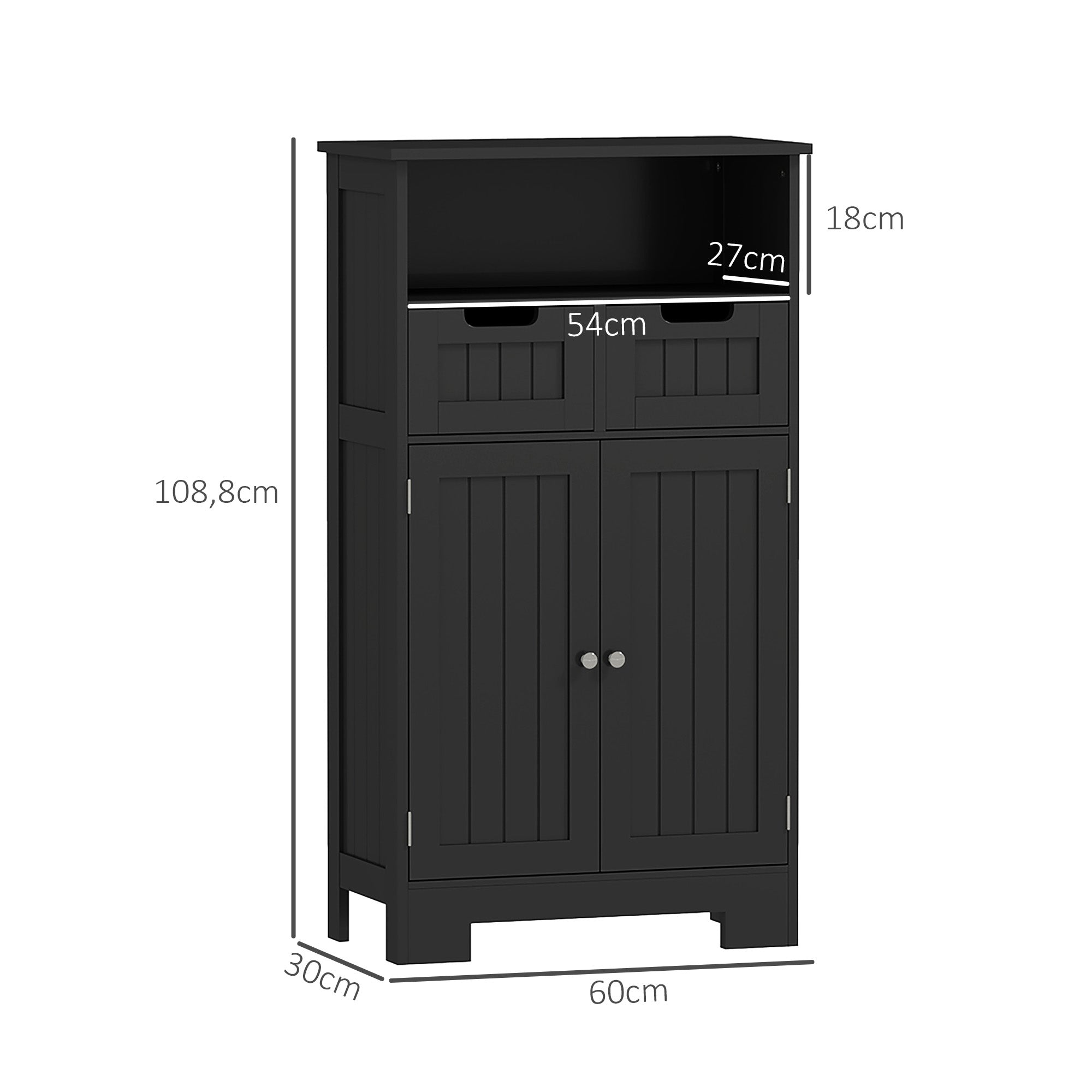 Bathroom Cabinet, Storage Cabinet with 2 Drawers, Niche, Wardrobe with Door, Adjustable Shelf, Bathroom Cabinet, Kitchen, Living Room, 60 x 30 x 109 cm, Black
