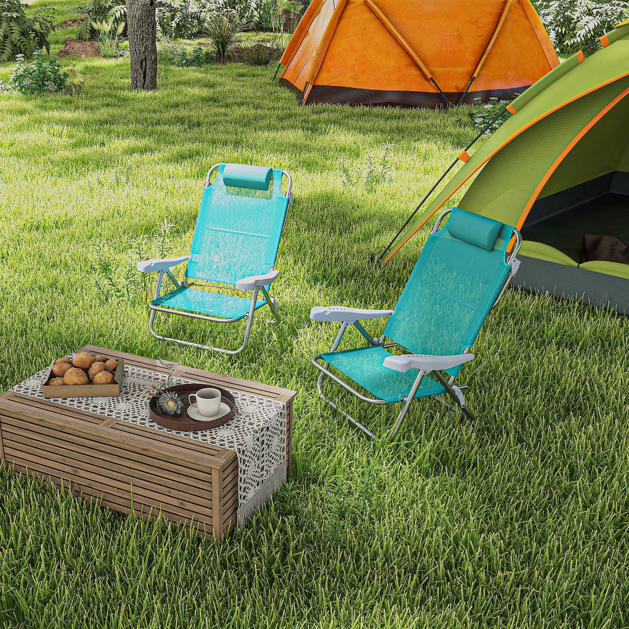 Outsunny Set aus 2 klappbaren Gartenstühlen - tragbarer Anglerstuhl - Campingstuhl mit verstellbarem 6-stufigem Rückenlehne - Aluminium Maße: 62L x 65B x 80H cm cyan
