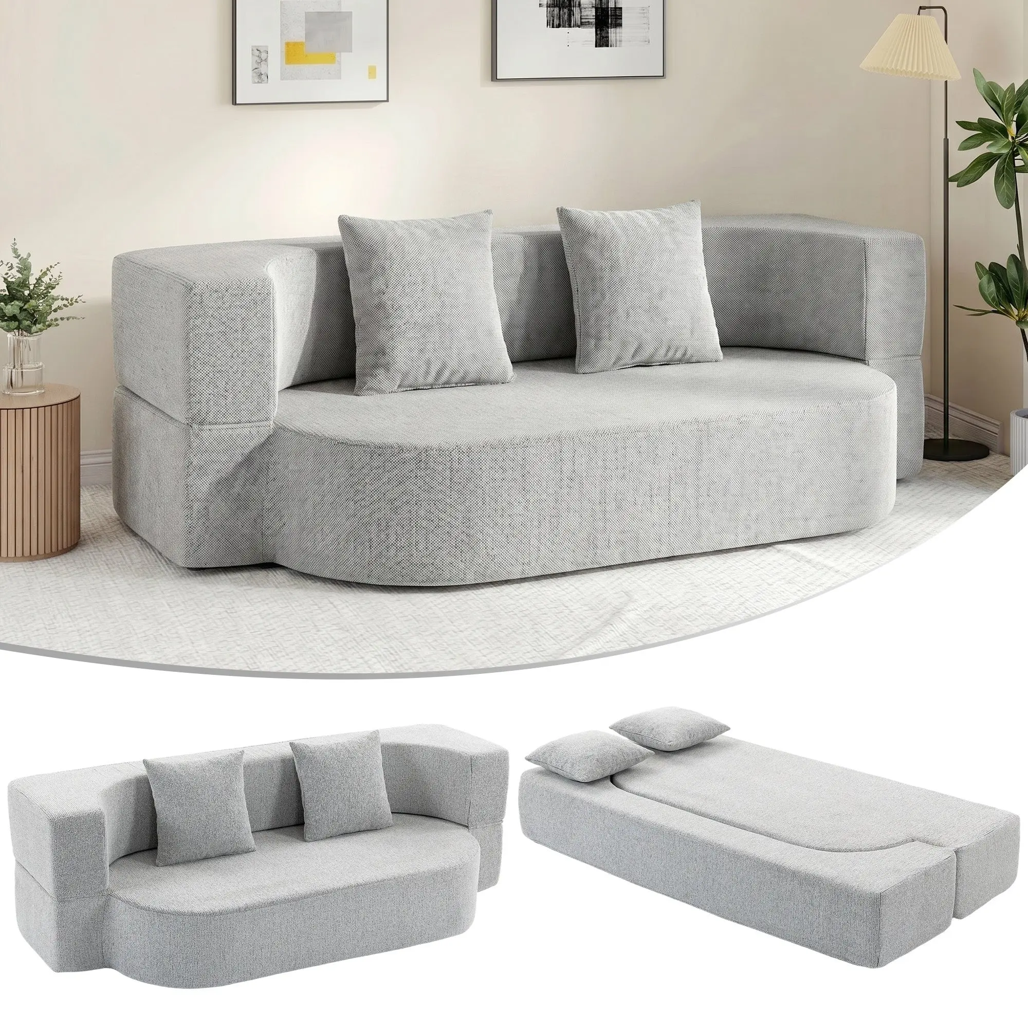 2-Seater Foldable 2-in-1 Sofa Bed Without Frame, Convertible Full-Size Sofa Bed, Deep Wide Seat, Wide Armrests, 2 Removable Cushion Covers, Chenille, Living Room, Light Gray