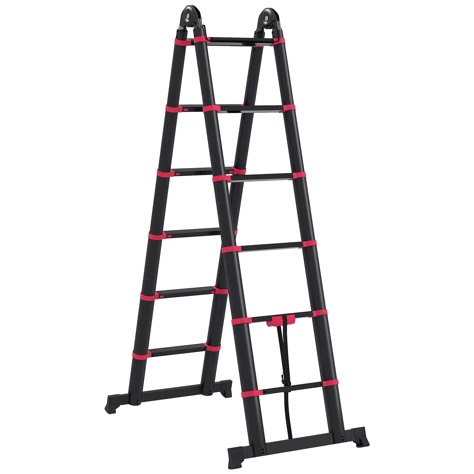 Folding Aluminum Ladder 2 Ways Retractable Portable Telescopic Ladder 12 Non-Slip Steps Load 150 kg 379x67.5x11 cm Black and Red