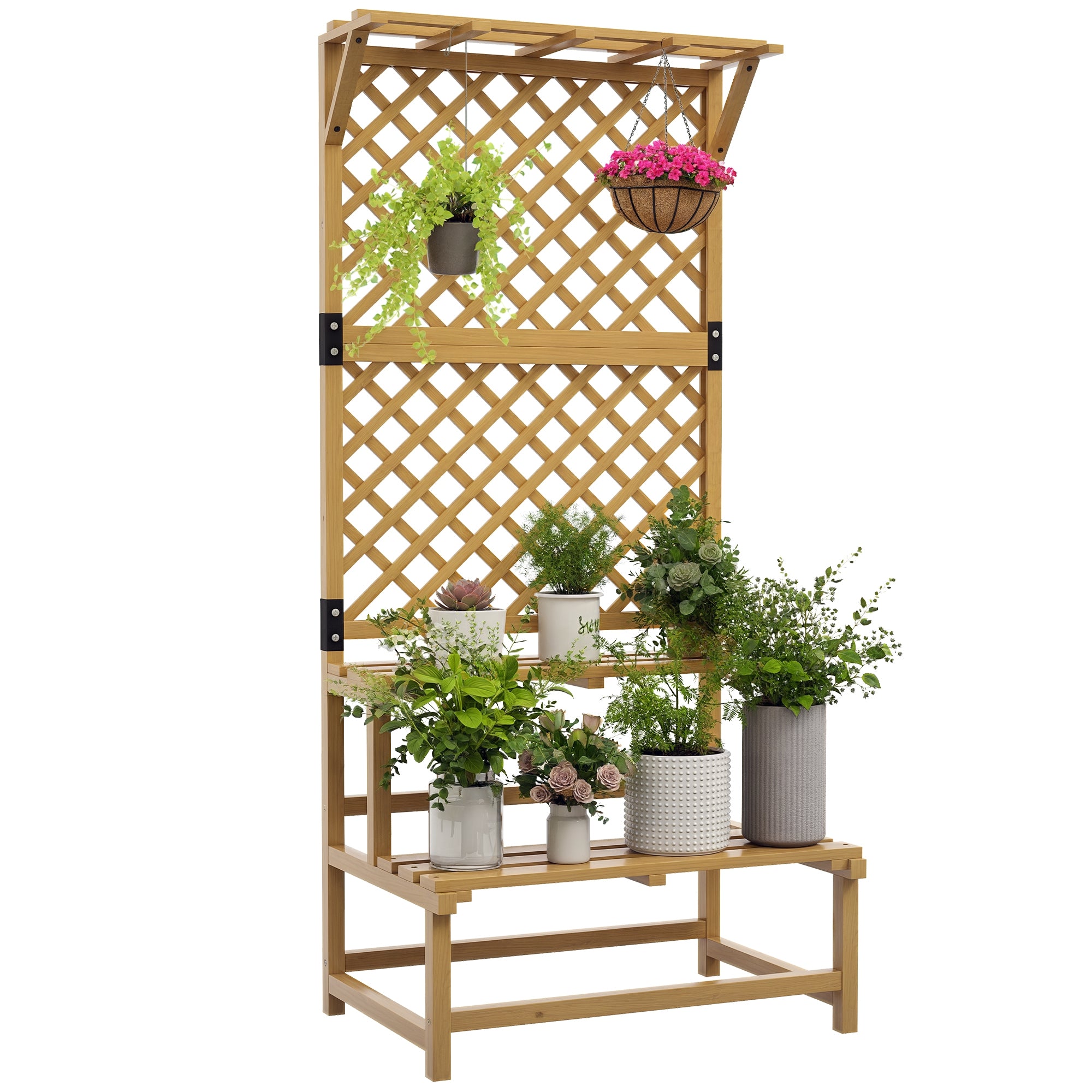 Outsunny Drevený stojan na rastliny 2-poschodový regál na rastliny s trelisóm pre záhradu, patio, terasu 75x50x166 cm Prírodné