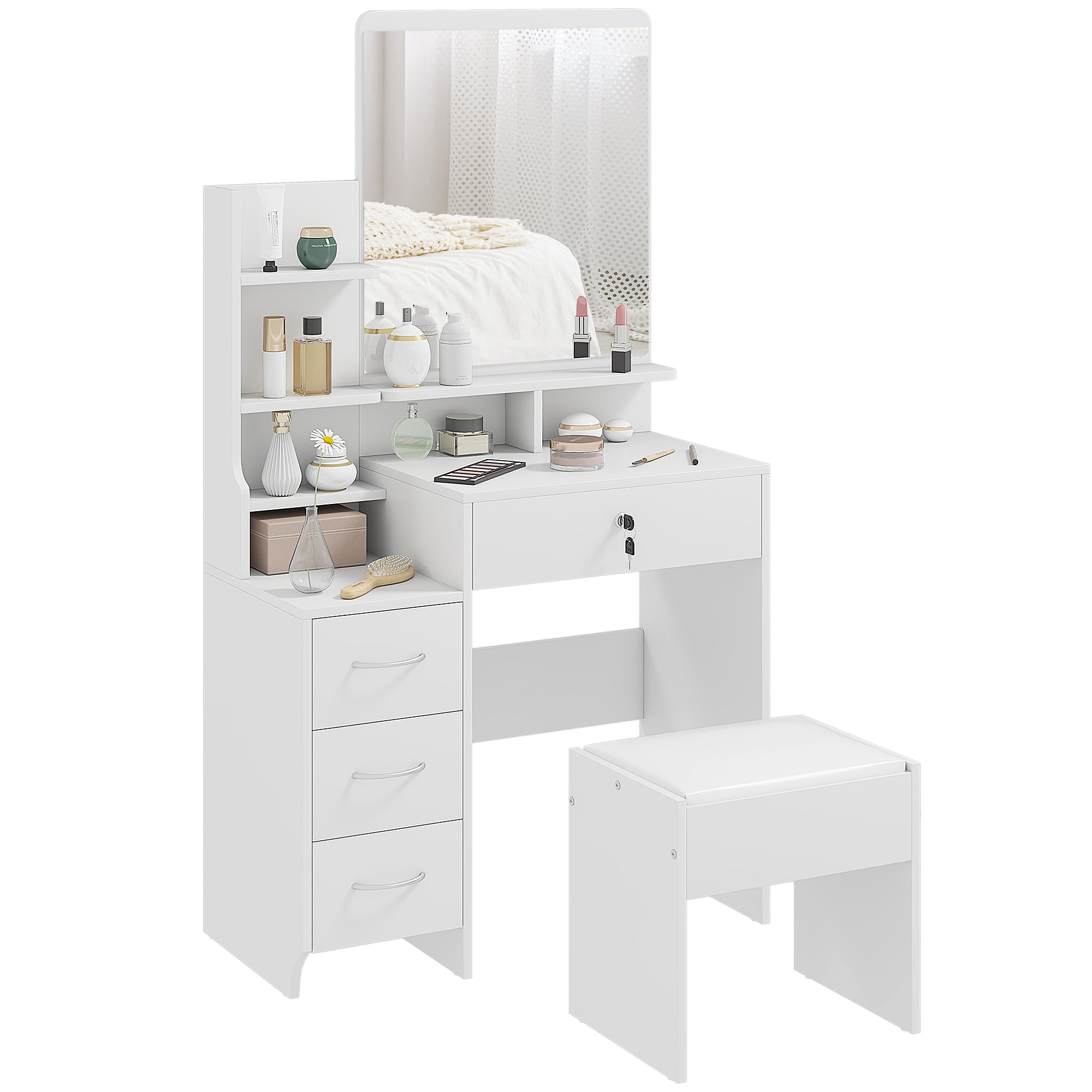 HOMCOM Make-up Kaptafel met Krukje en Spiegel, Make-up Bureau met 4 Lades, 4 Opbergcompartimenten, Moderne Stijl, 80x38x143 cm Wit
