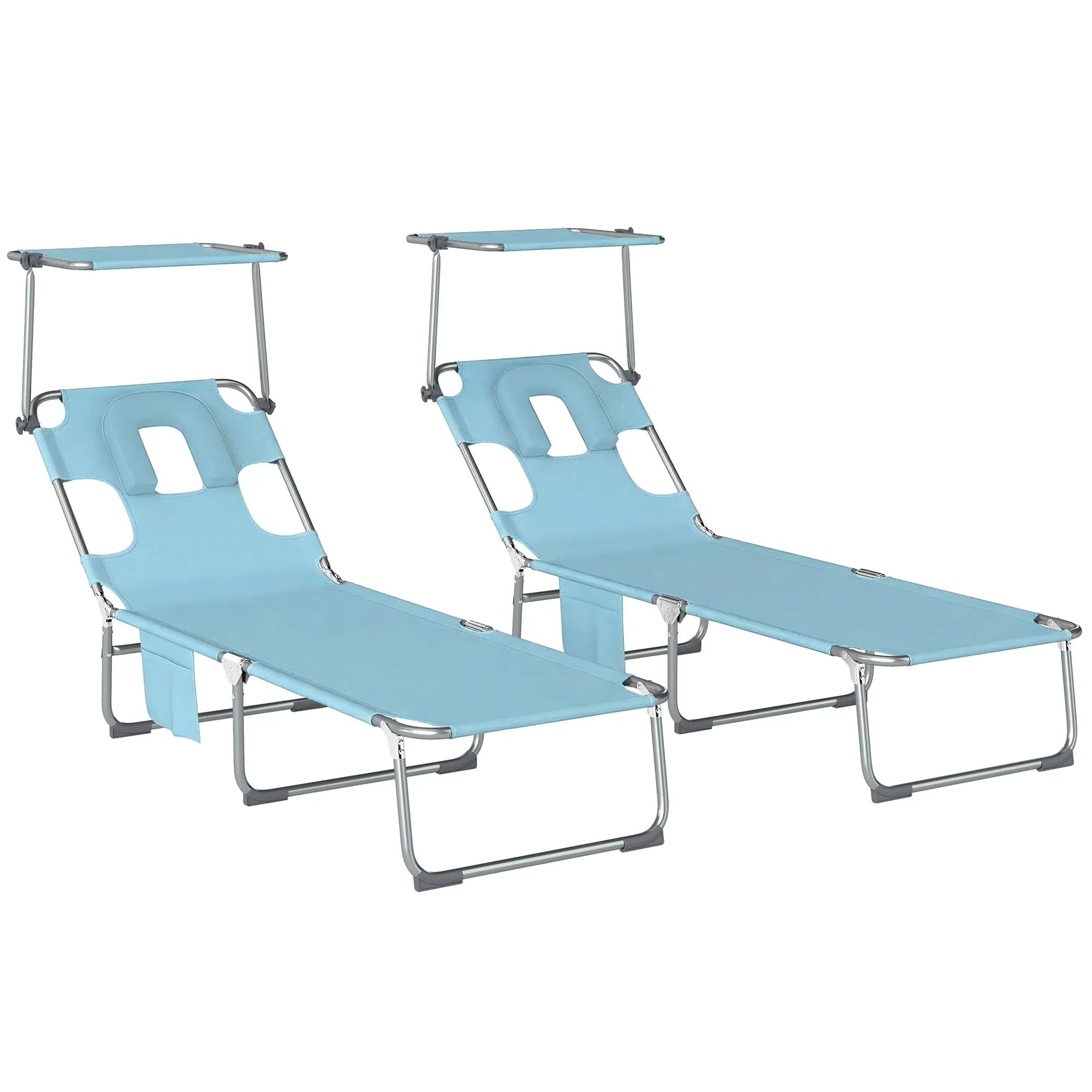 2-Pack Folding Outdoor Sun Loungers with Headrest, 360° Canopy, Face Hole & Side Pocket — 5-Position Recline, 550 g/m² Textilene, Light Blue