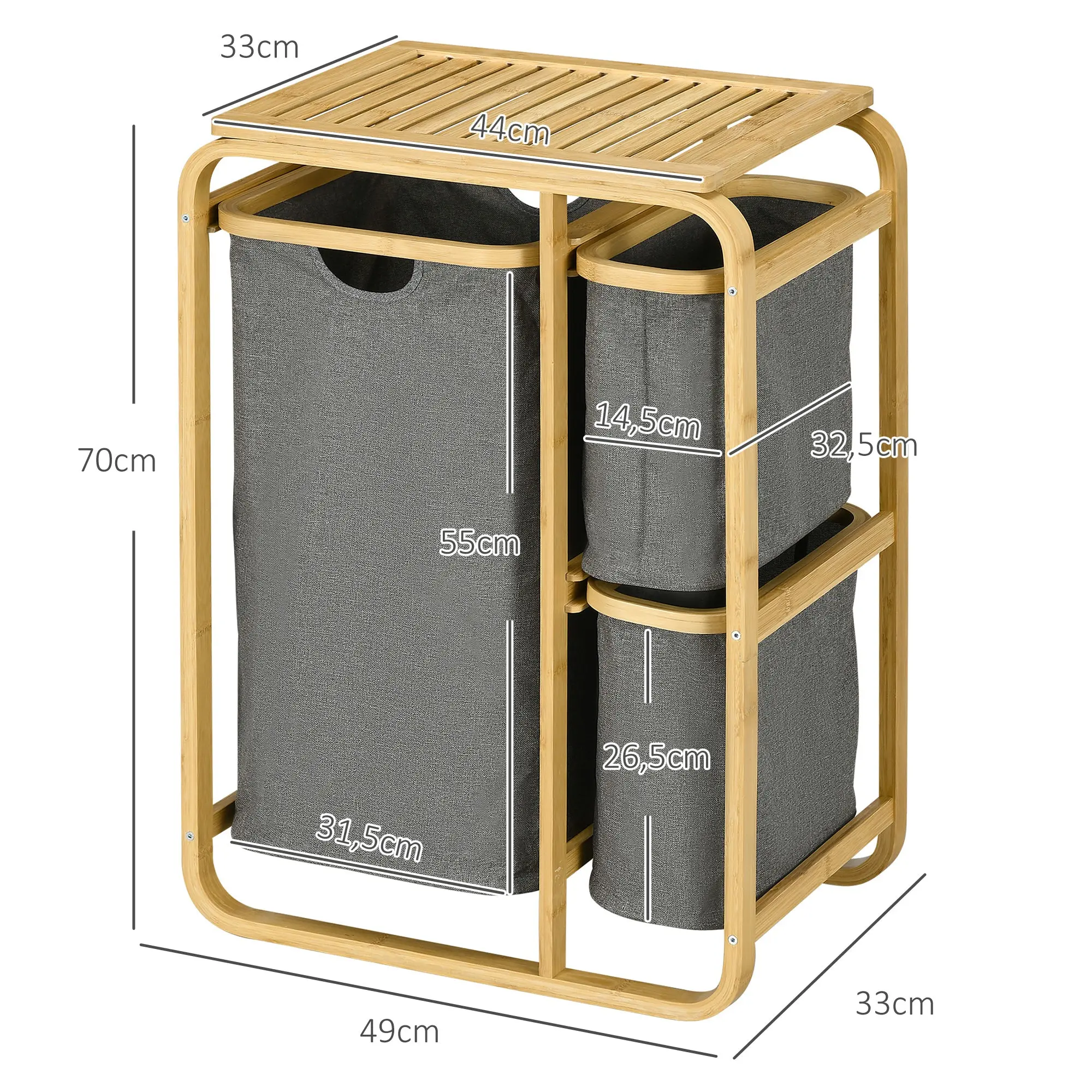 Bamboo Laundry Basket Storage Basket Laundry Basket with 3 Removable and Sliding Non-woven Fabric Baskets - 49L x 33W x 70H cm Gray