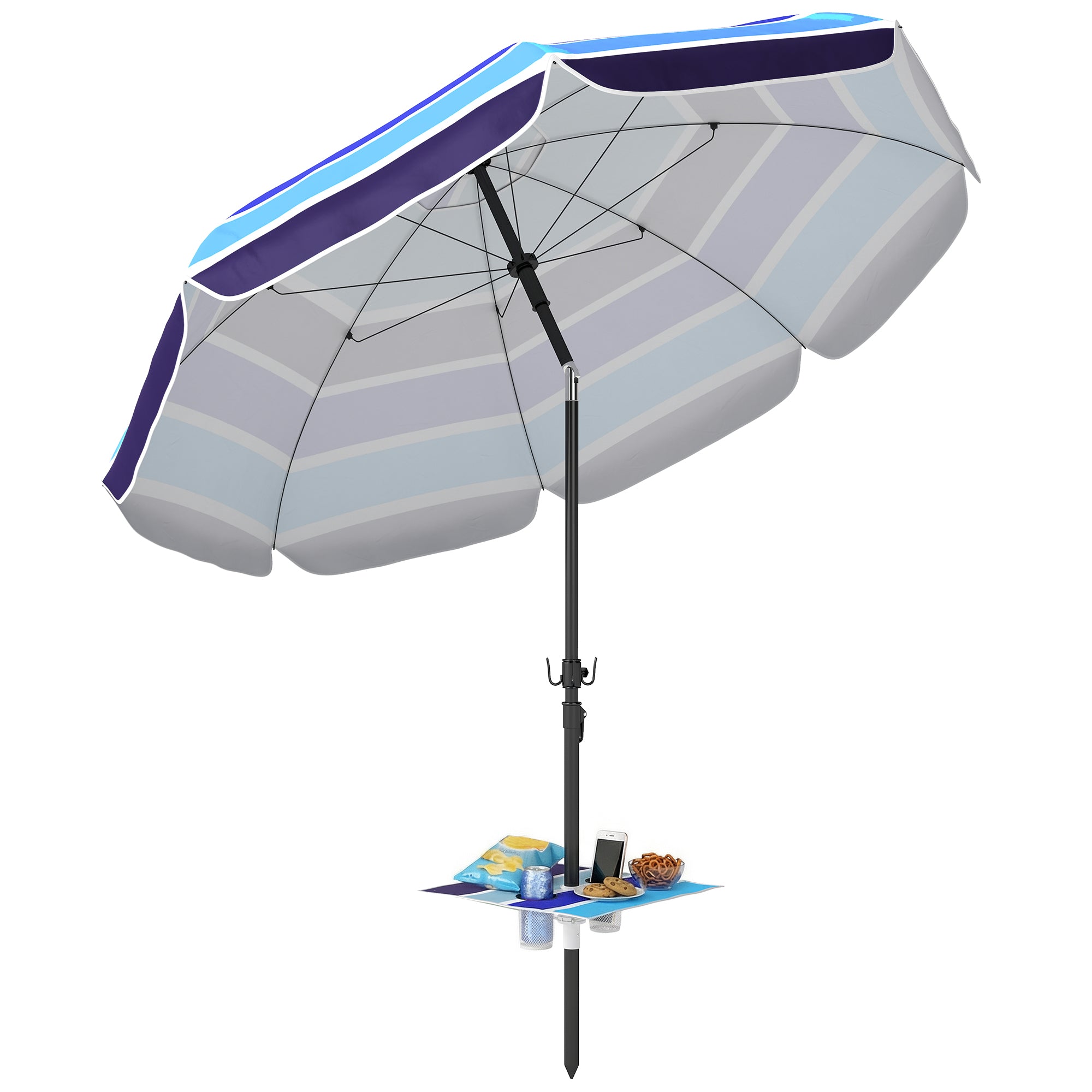 Suncobran za plažu Outsunny Ø198 cm, UV30+ s presavijajućim stolom i držačima čaša, podesivi nagib, za balkon/putovanje — višebojno/crni