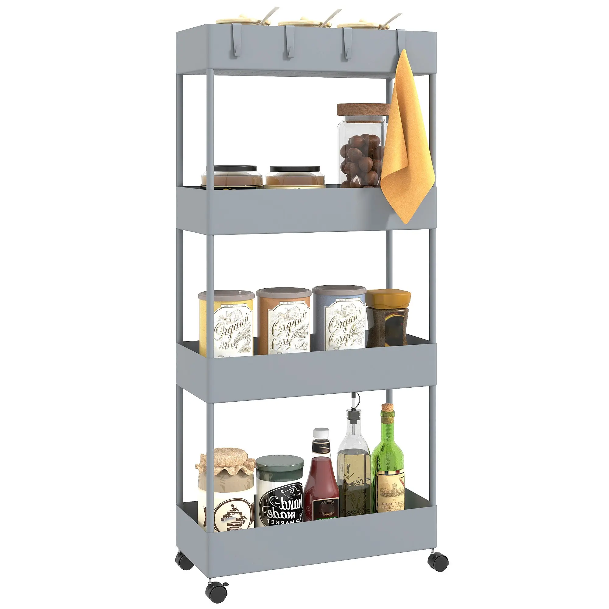 Serving Cart with 4 Levels Kitchen Trolley with Wheels Trolley with Hooks Kitchen Trolley All-Purpose Trolley for Kitchen Office Bathroom, White, Gray