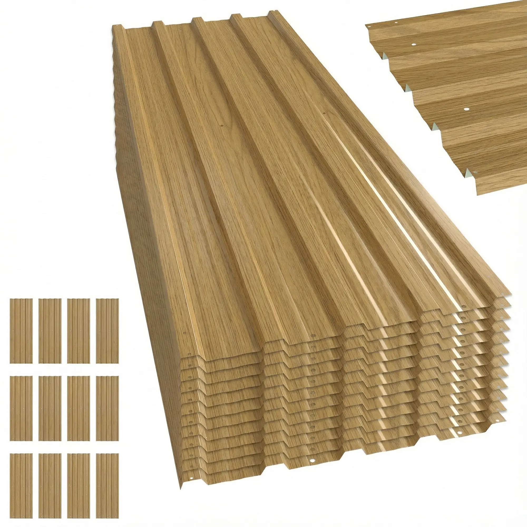 12-Pack Galvanized Steel Corrugated Roof Panels, 7 m² (≈75 ft²), 129 x 45 cm (50.8 x 17.7 in), Wood Tone