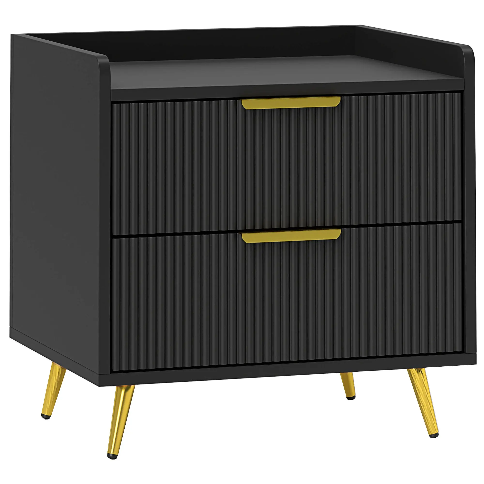 Black Nightstand — 2 Ribbed Drawers & Gold Metal Legs, 19.7 x 15.7 x 19.7 in (50 x 40 x 50 cm)