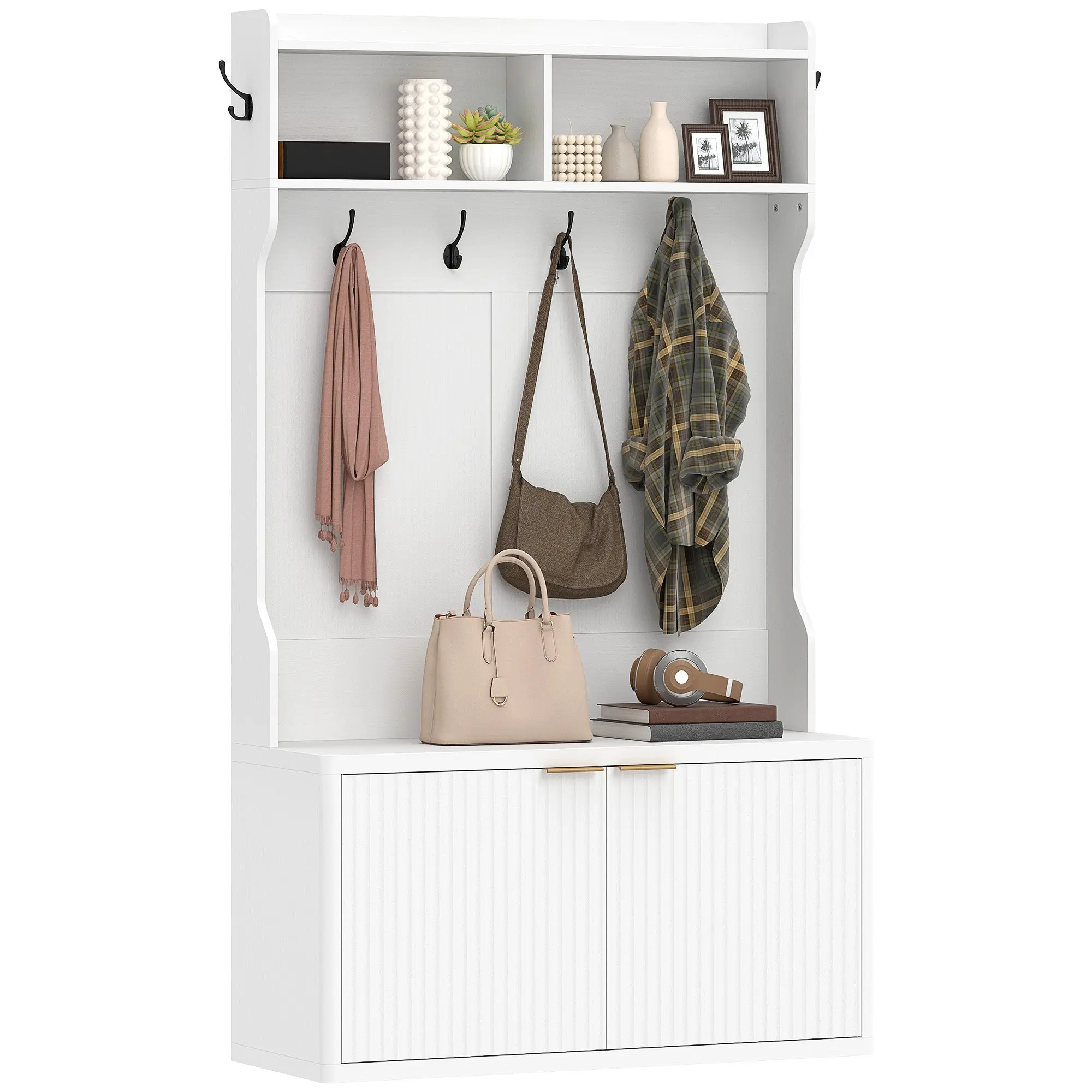 Hall Tree Shoe Cabinet — 2-Door Entry Organizer with Bench, Open Shelves & 6 Hooks, 39.4 x 15.0 x 67.7 in, White