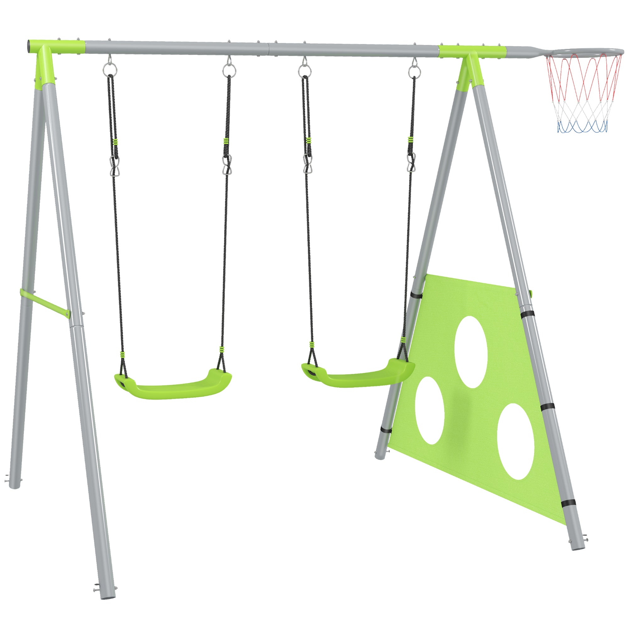Kids Swing Set 3-in-1 Outdoor Swing Frame with 2 Adjustable Swings, Basketball Hoop and Football Goal, Metal A-Frame Garden Playset for Children 3-8 Years