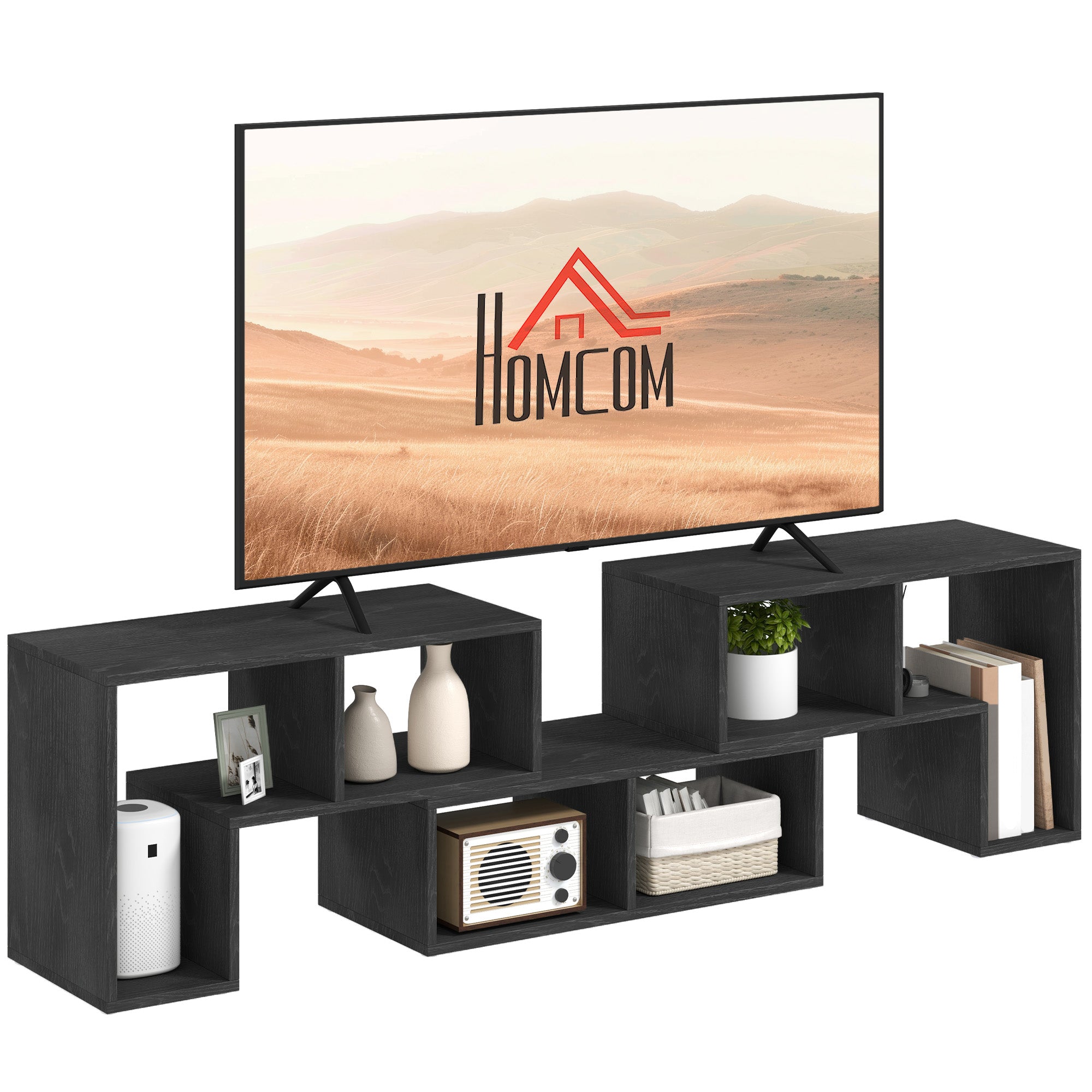 Mobile TV 75" Modular with 2 L-Shaped Shelves and Rectangular Shelf, Modern Chipboard TV Stand for Living Room, 134-180x30.5x44 cm, Black