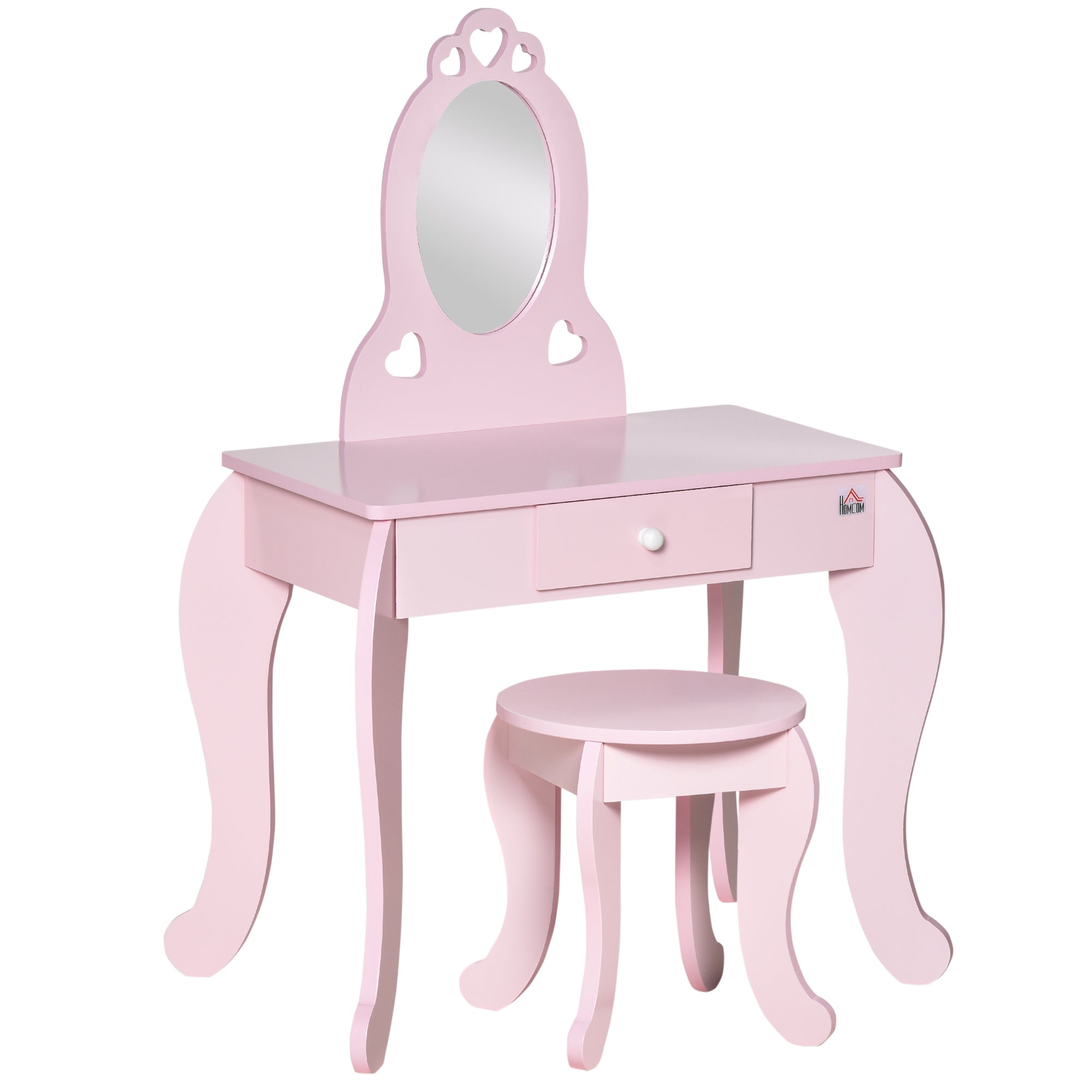 HOMCOM Holz Vanity Tisch fir Meedercher vu 3-6 Joer mat Stoel a Princess Style Spigel Make-up Tisch mat Schaf fir Schlofkummer 60x36x88 cm Roude