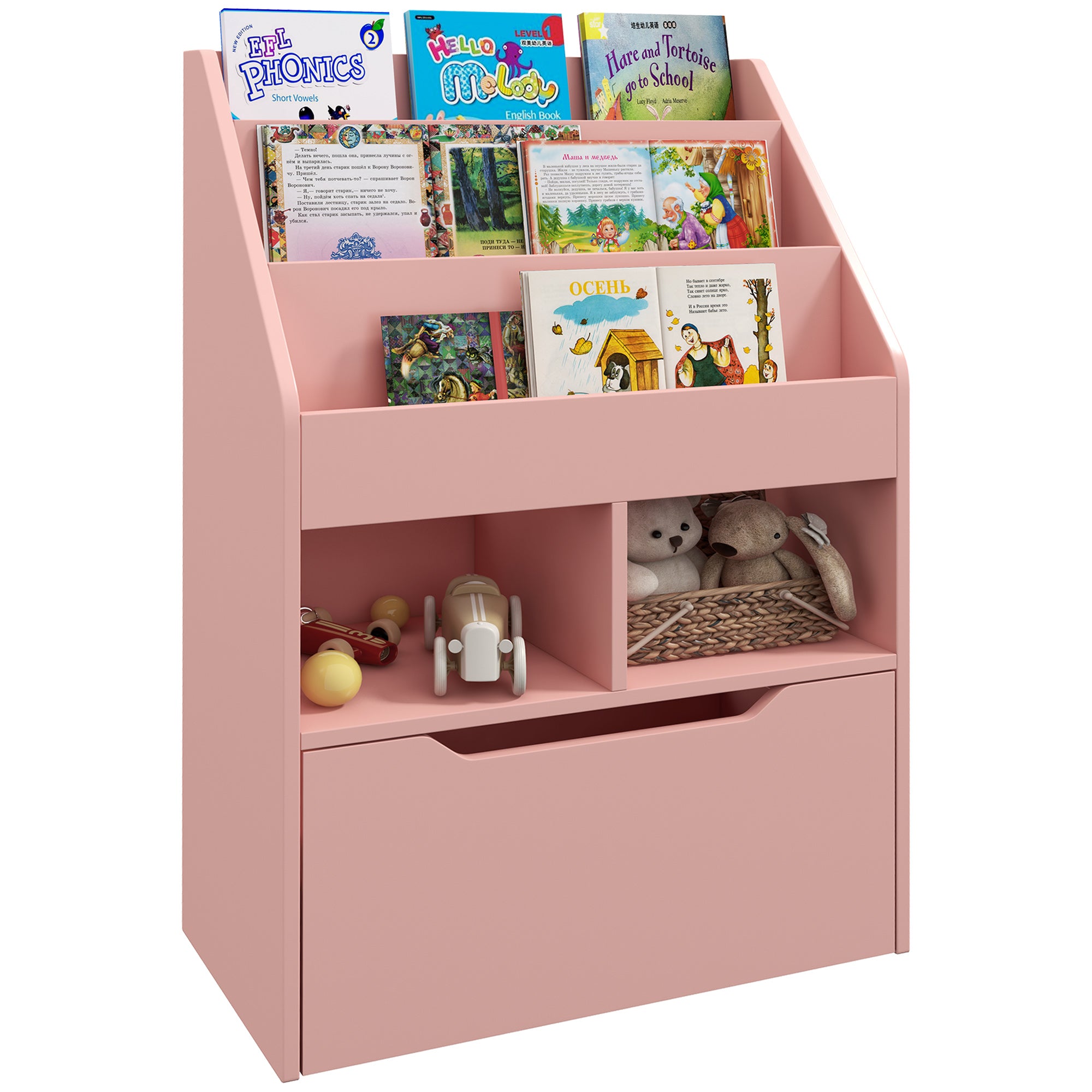 Children's Bookshelf Kids Shelf with Drawer, 3 Shelves and 2 Open Shelves, Storage Shelf for Kids Room, Playroom, Pink, 60 x 29.9 x 90 cm