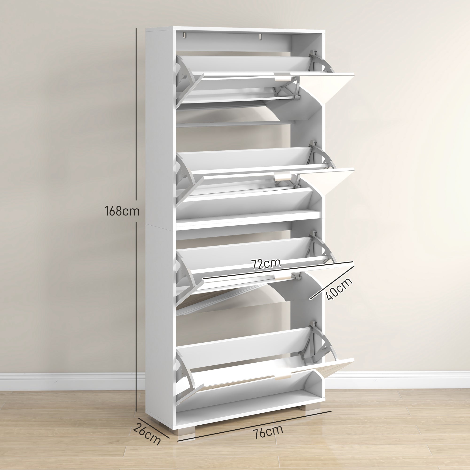 HOMCOM 2 az 1-ben Cipőszekrény Tükörfronttal, 4 Kihajtható Ajtóval, Állítható Polcokkal, Helytakarékos, 76L x 26W x 168H cm Fehér