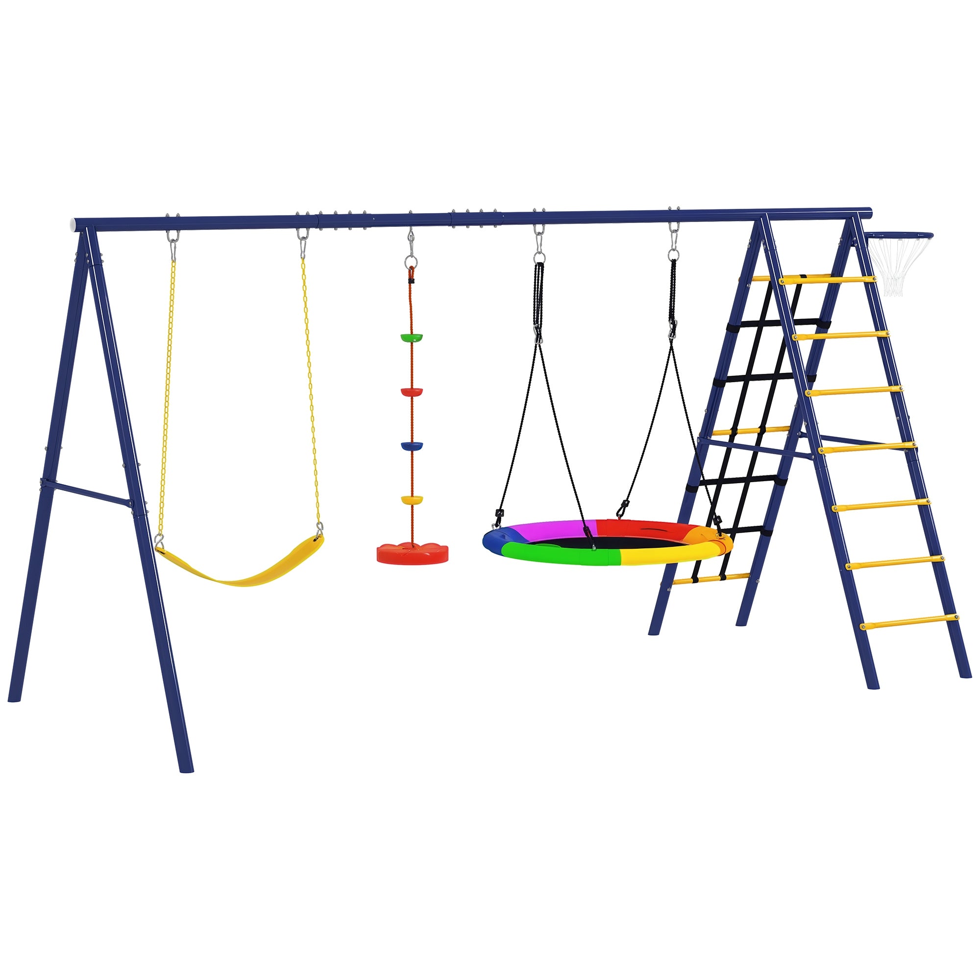 Children's Swing Set 6 in 1 Swing Frame made of Steel with Belt Swing, Nest Swing, Disc Swing, Climbing Net, Climbing Ladder, and Basketball Hoop for Children 3-8 Years