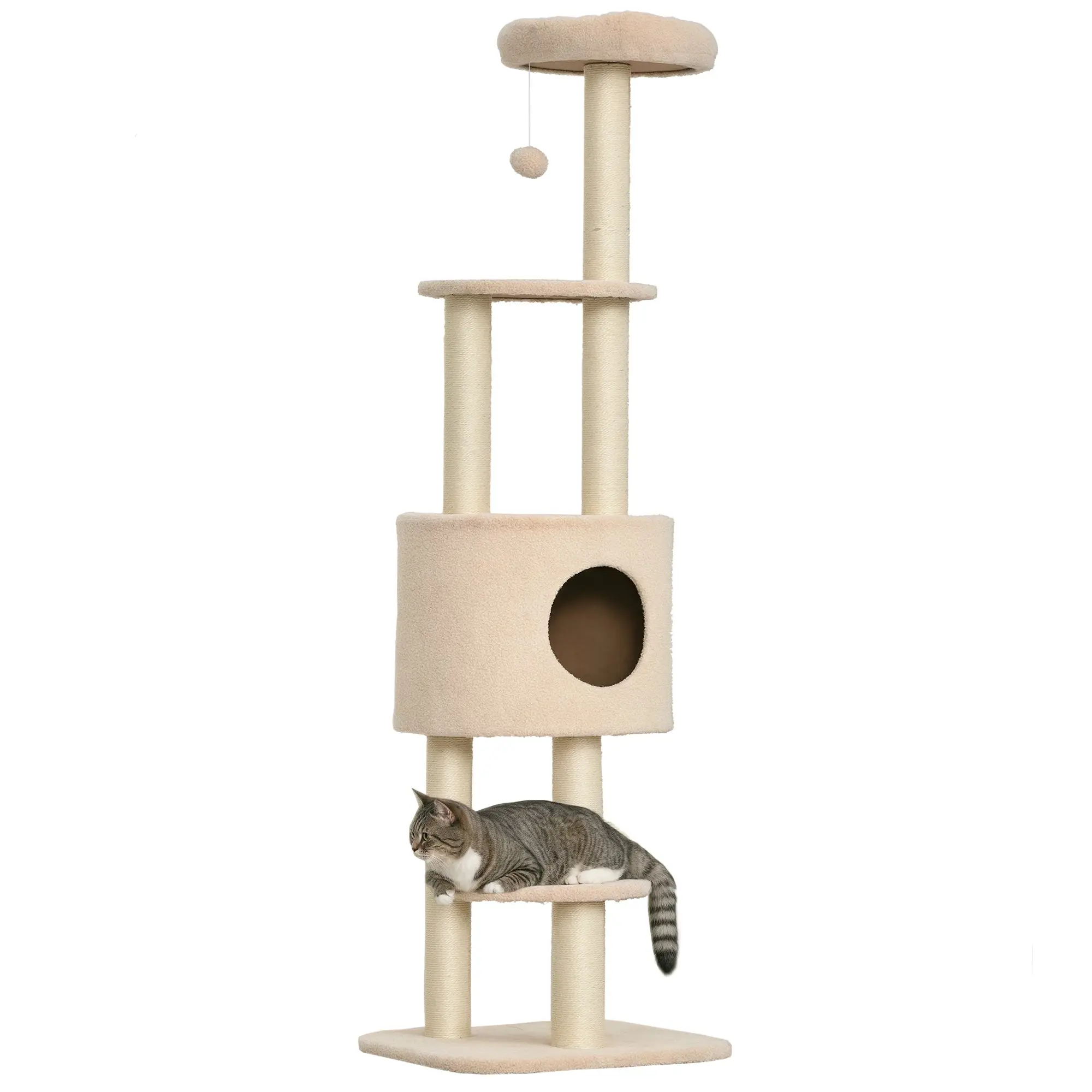 Cat Scratching Tree Height 148 cm Cat Tower with Sisal Posts 3 Platforms House and Hanging Ball Beige