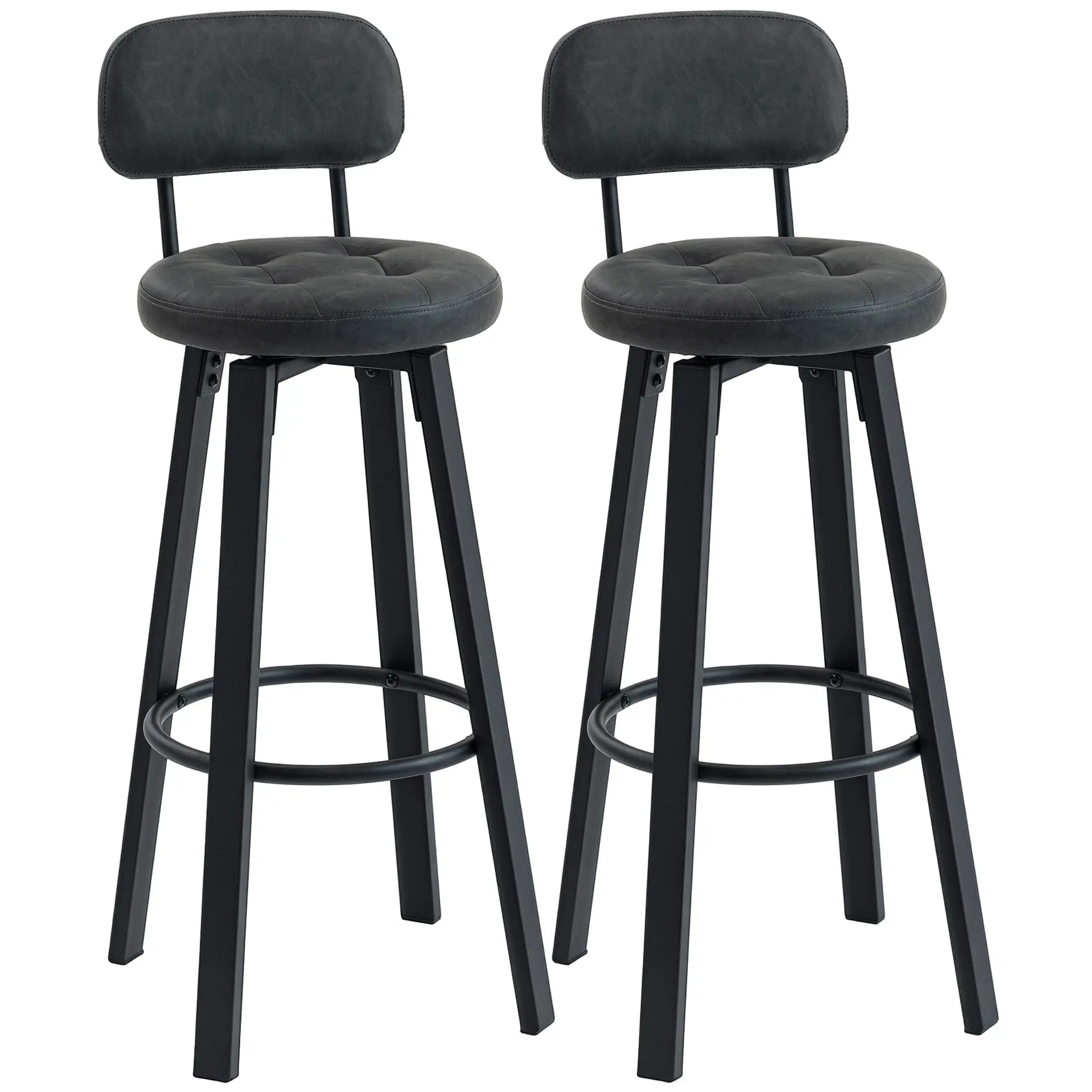 Set of 2 Swivel Bar Stools, PU Upholstery with Backrest, Metal Frame & Footrest Dark Gray