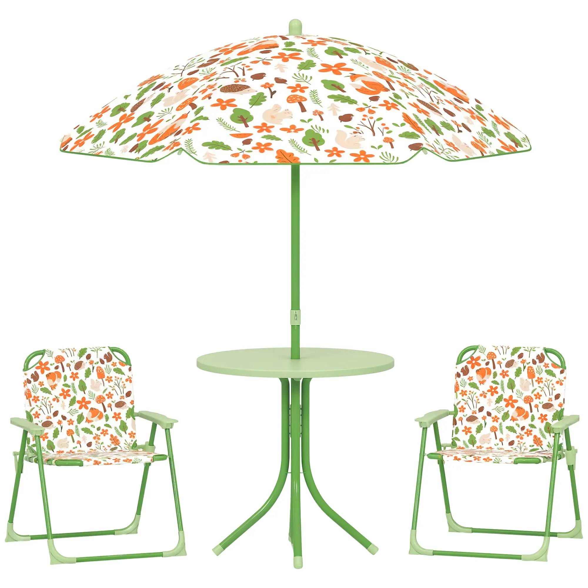 Children's Garden Table and Chairs Set 4-Piece Kids Table with Folding Chairs Adjustable Umbrella Fox Design for Patio Picnic Green