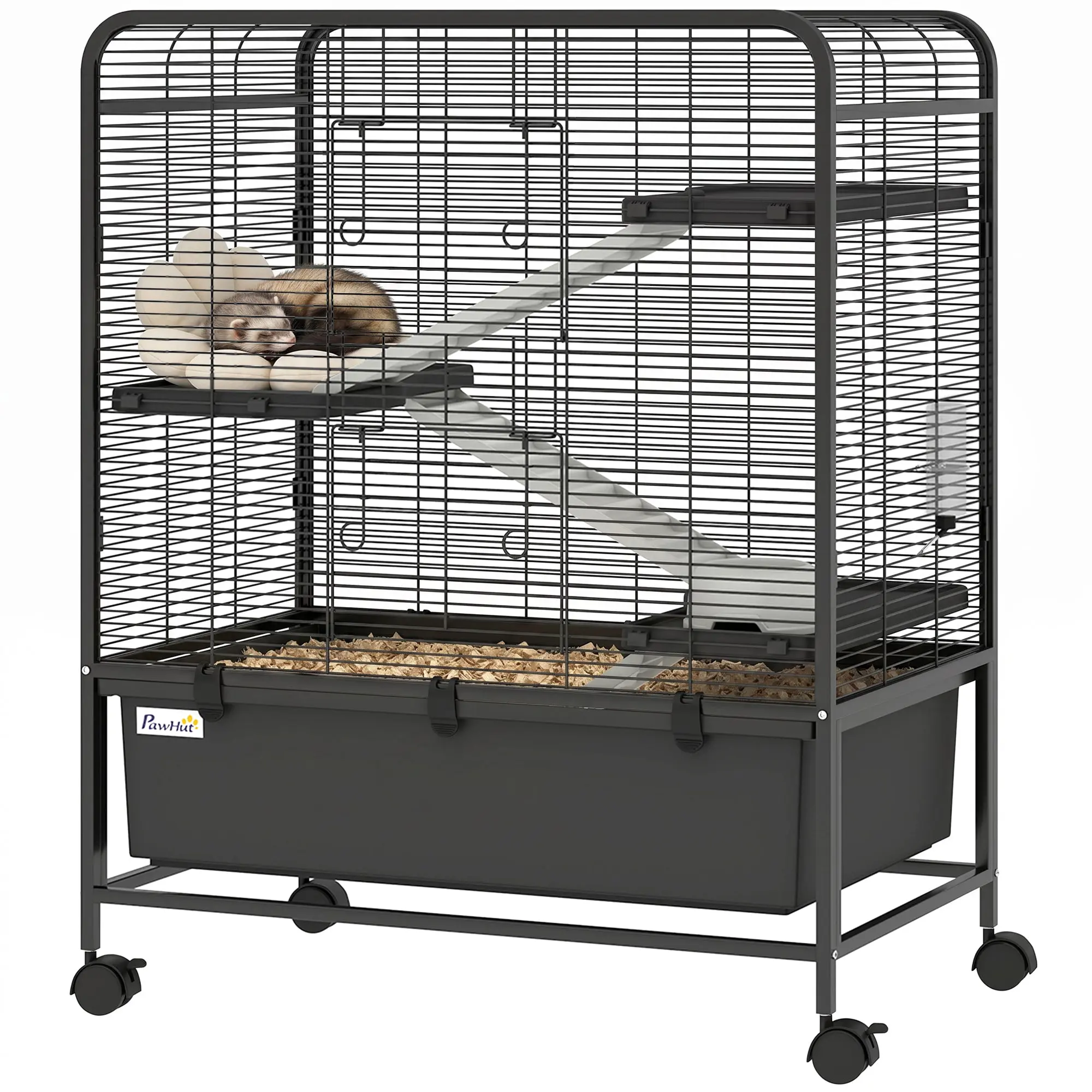 4-Tier Steel Small Animal Cage with Platforms, Ramps & Wheels — Water Bottle, Bowl & Removable Tray, 29.5 x 18.1 x 37.2 in, Black (suitable for hamsters, guinea pigs, ferrets)