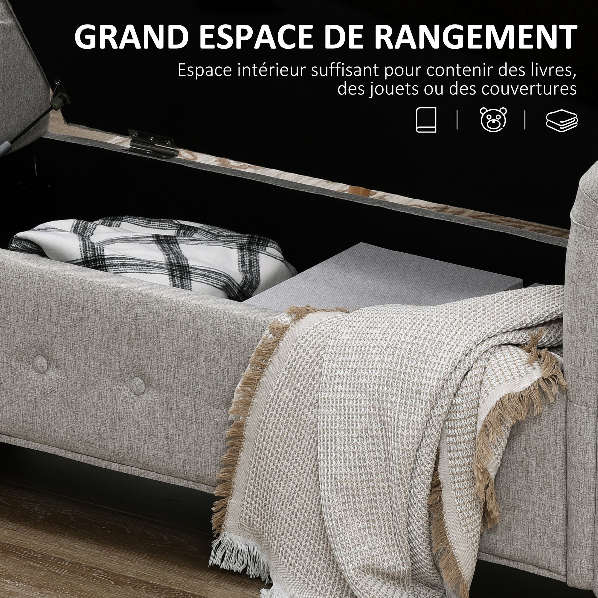 Storage Bench, End of Bed, Linen-Look Storage Chest with Wooden Legs, 146.5 x 49 x 72 cm, Gray