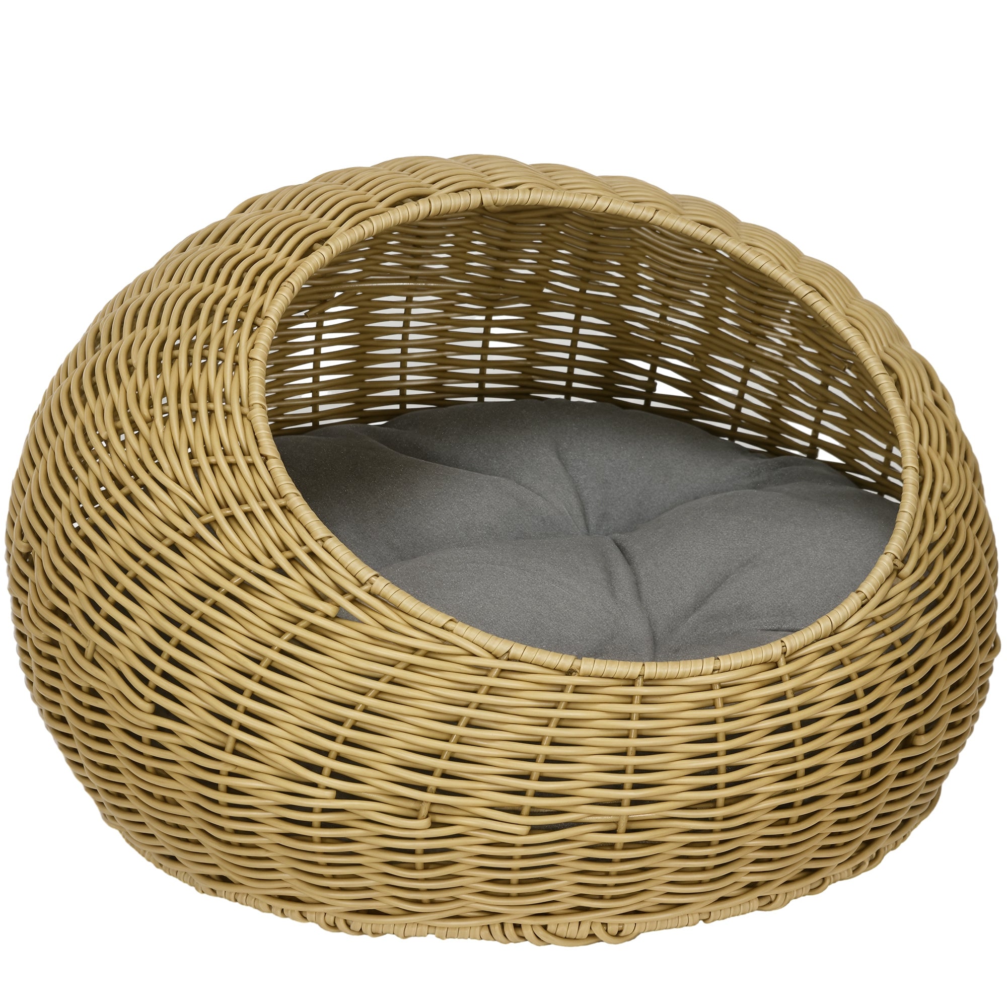 Panier en Rattan PawHut pour Chat avec Coussin - Maison pour Chat Jusqu'à 4 kg, Lit pour Chat, Cave Intérieure, Rattan PE, Ø50 x 31 cm, Marron Clair