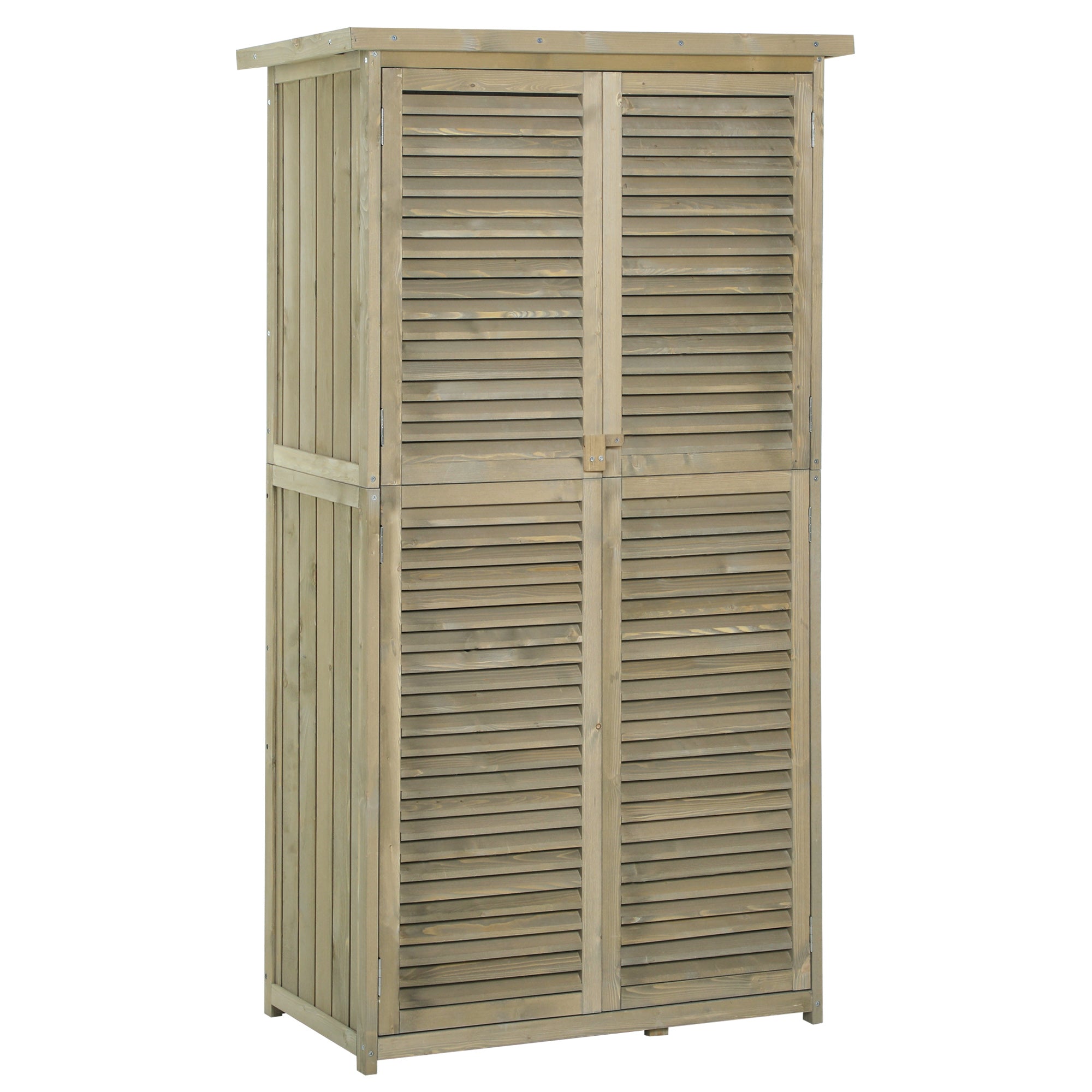 Outsunny Garten Schrank Holz Werkzeugschuppen mit Bitumendach und Schlitztüren – Werkzeugschrank für den Garten mit 4 Fächern, Grau 87 x 46,5 x 160 cm