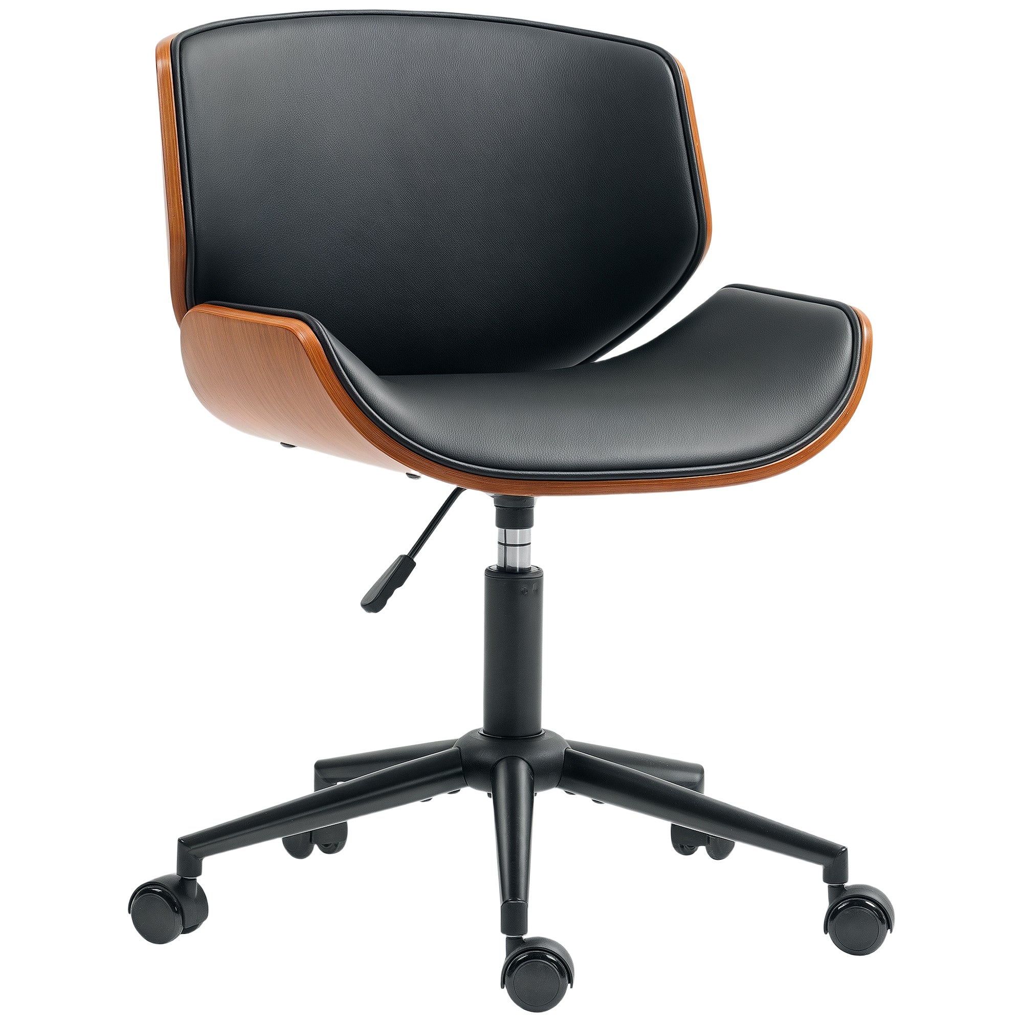 HOMCOM Mid-century kontorstol uden armlæn — ergonomisk, højdejusterbar, 360° drej, PU, sort og valnød