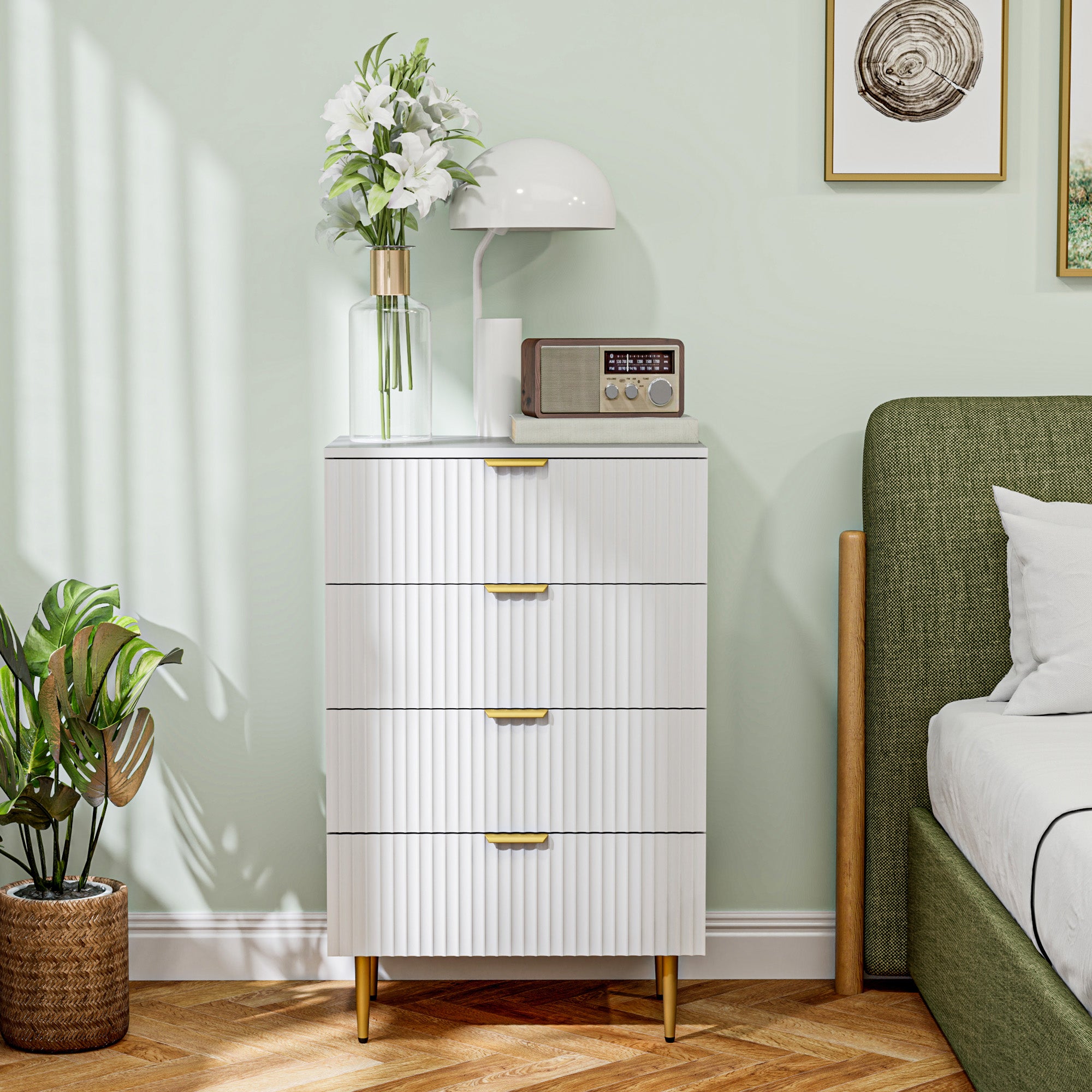 HOMCOM 4 Fiókos Komód Modern Tároló Bútor Fogantyúval és Arany Lábakkal, Hálószobába és nappaliba, Méretek: 60 x 40 x 96 cm, Fehér