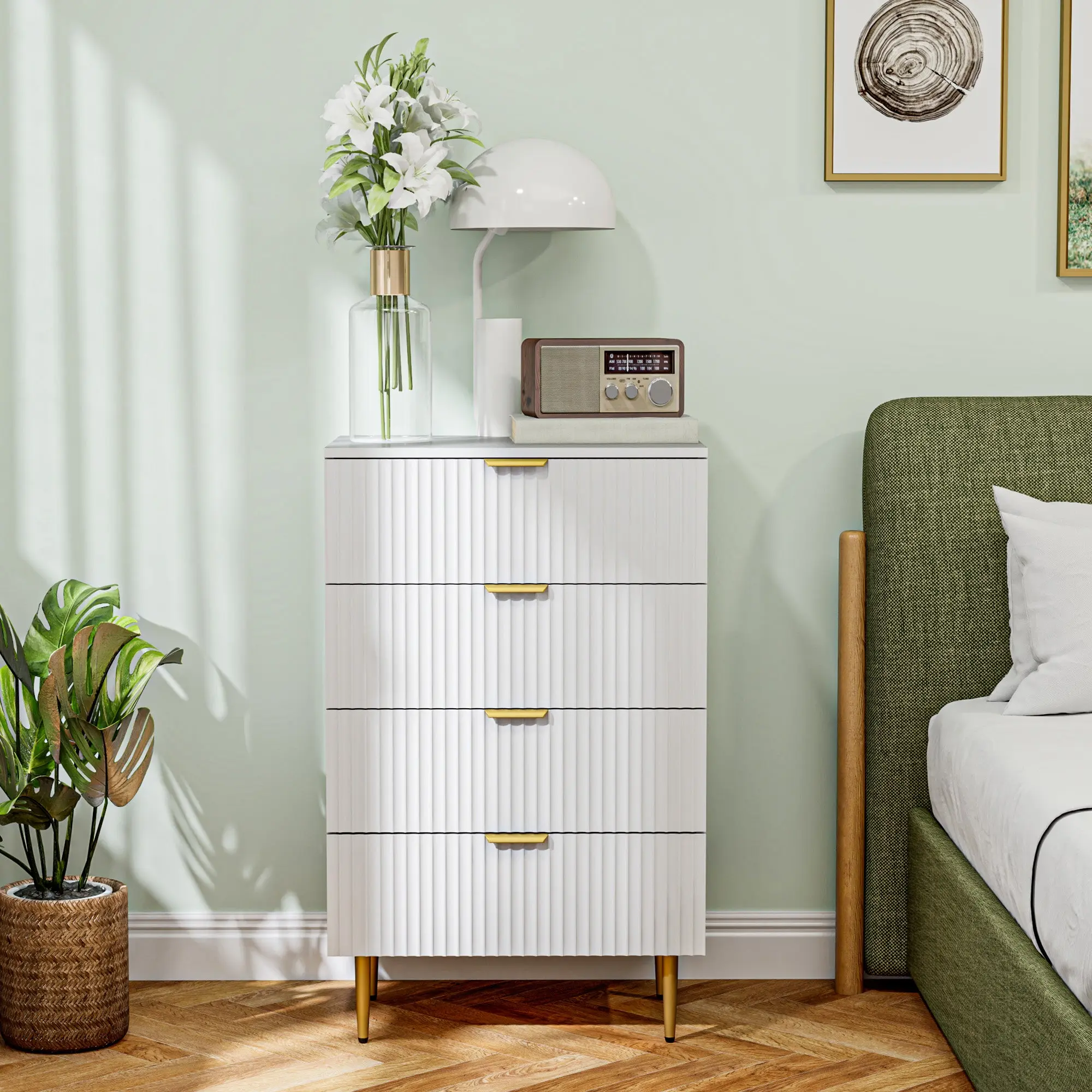 Chest of Drawers 4 Drawers Bedroom Chest Modern Storage Furniture with Handles and Golden Feet, for Bedroom, Living Room, Dimensions 60 x 40 x 96 cm, White