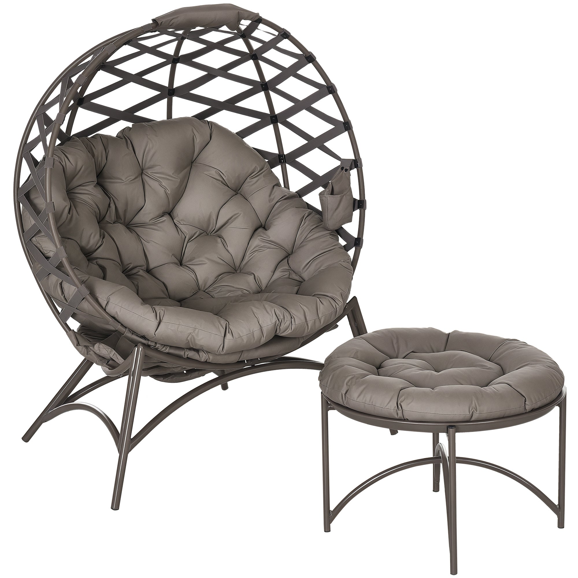 2-Piece Garden Chair Set, Rattan Chair with Foldable Seat Basket, including 2-in-1 Stool, Cushion, Lounge Chair for Balcony, Patio, Steel, Sand, 118 x 75 x 142 cm