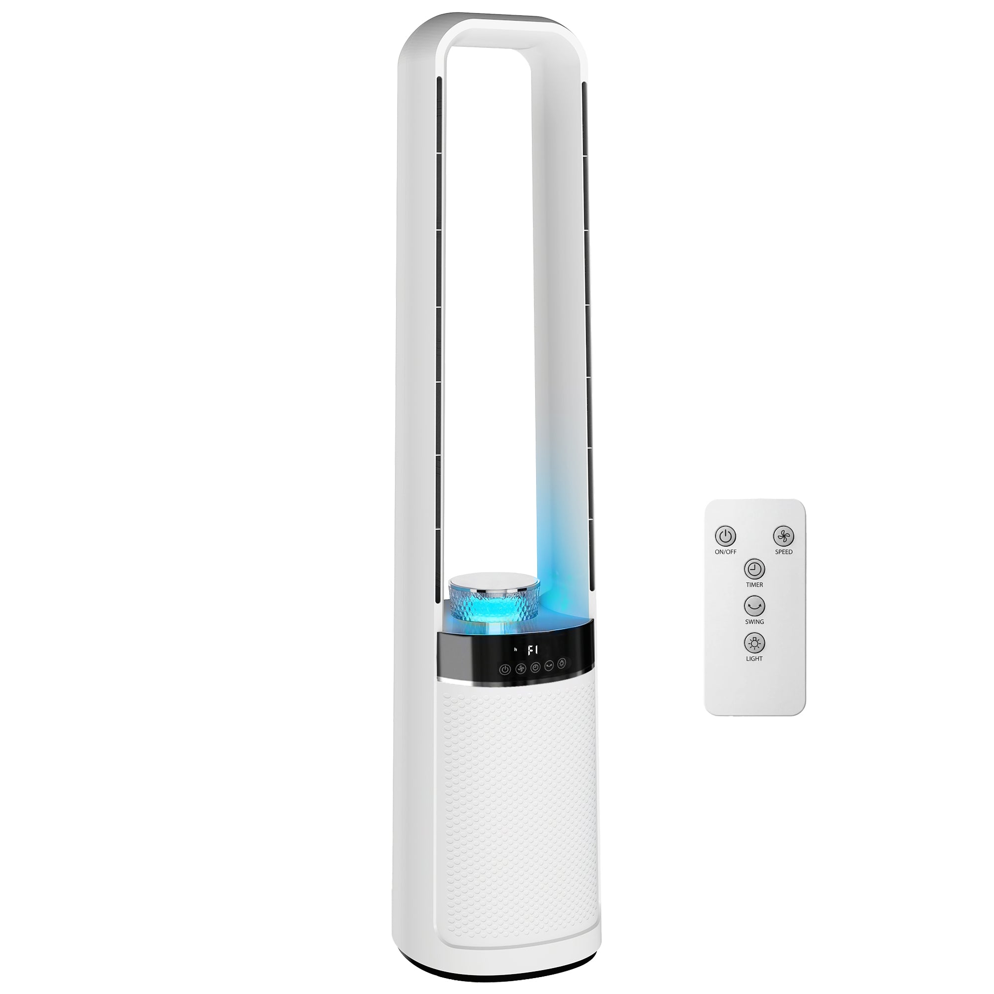 HOMCOM extrem rouege Turmventilator — 36 dB, 93,3 cm, 45° Oszillatioun, LED-Ambientbeliichtung, 3 Geschwindegkeeten, 12h Timer, Fernbedienung — Wäiss