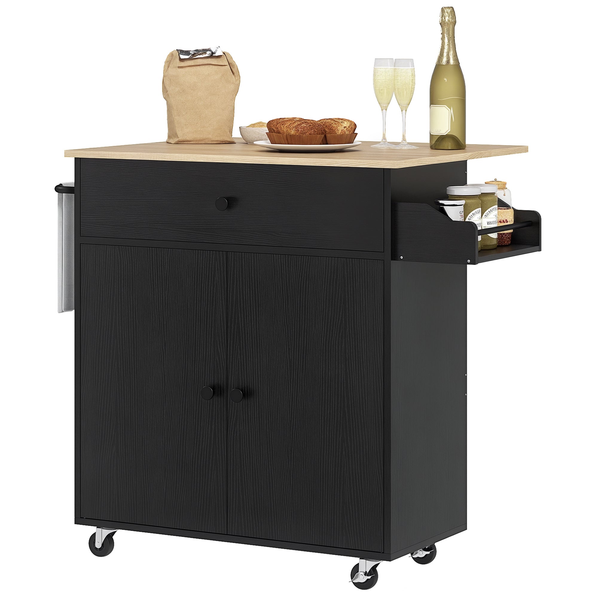 HOMCOM Køkkenø med Foldbart Blad - Køkkenvogn med Hjul, 2 Døre, Skuffe, Krydderihylde, Håndklædeholder og Justerbar Hylde 106x42x87 cm Sort og Eg