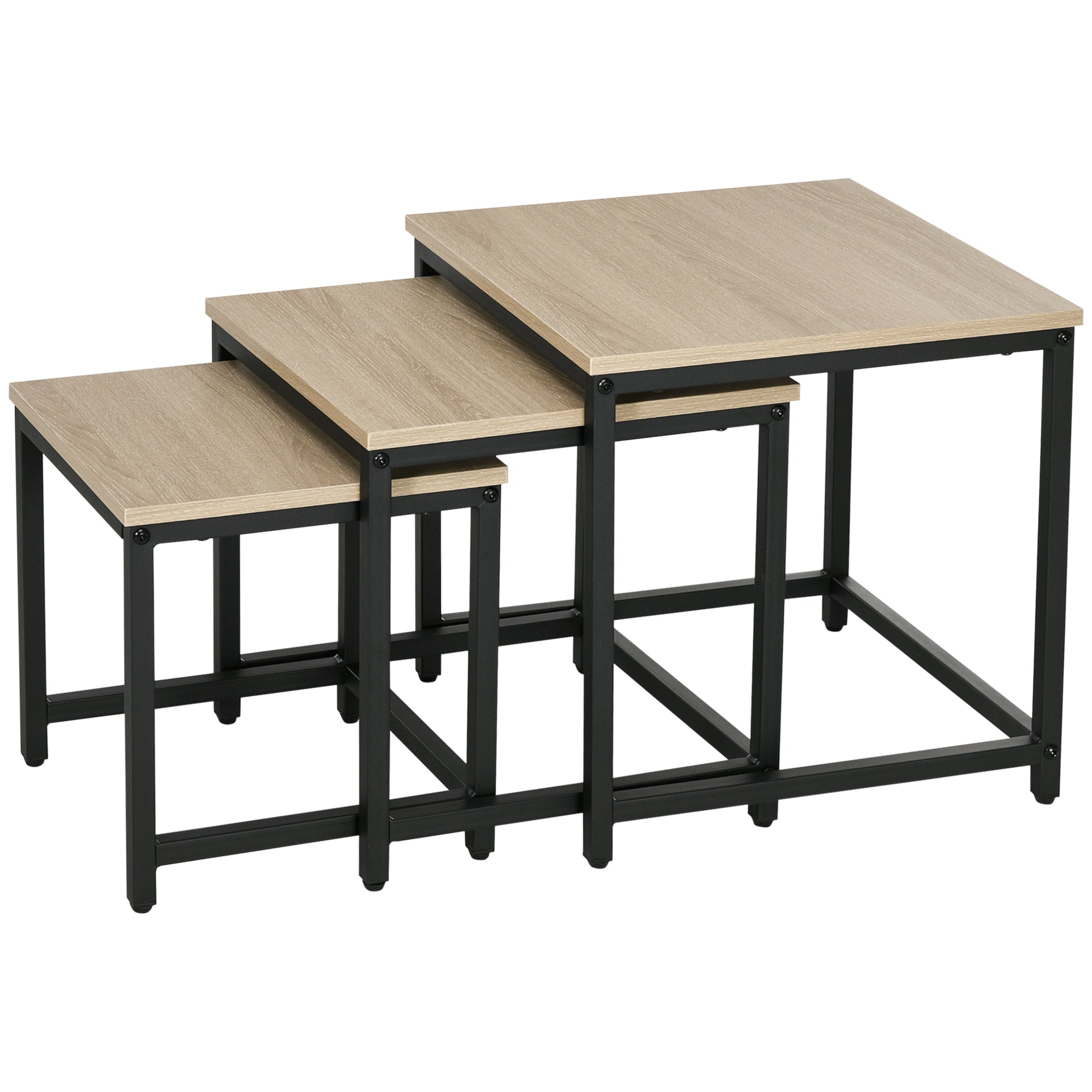 Coffee Table 3-Piece Set Side Table, Nesting Table with Steel Frame, Industrial Design End Table, Coffee Table, Living Room Table with Wood Grain Look, Natural