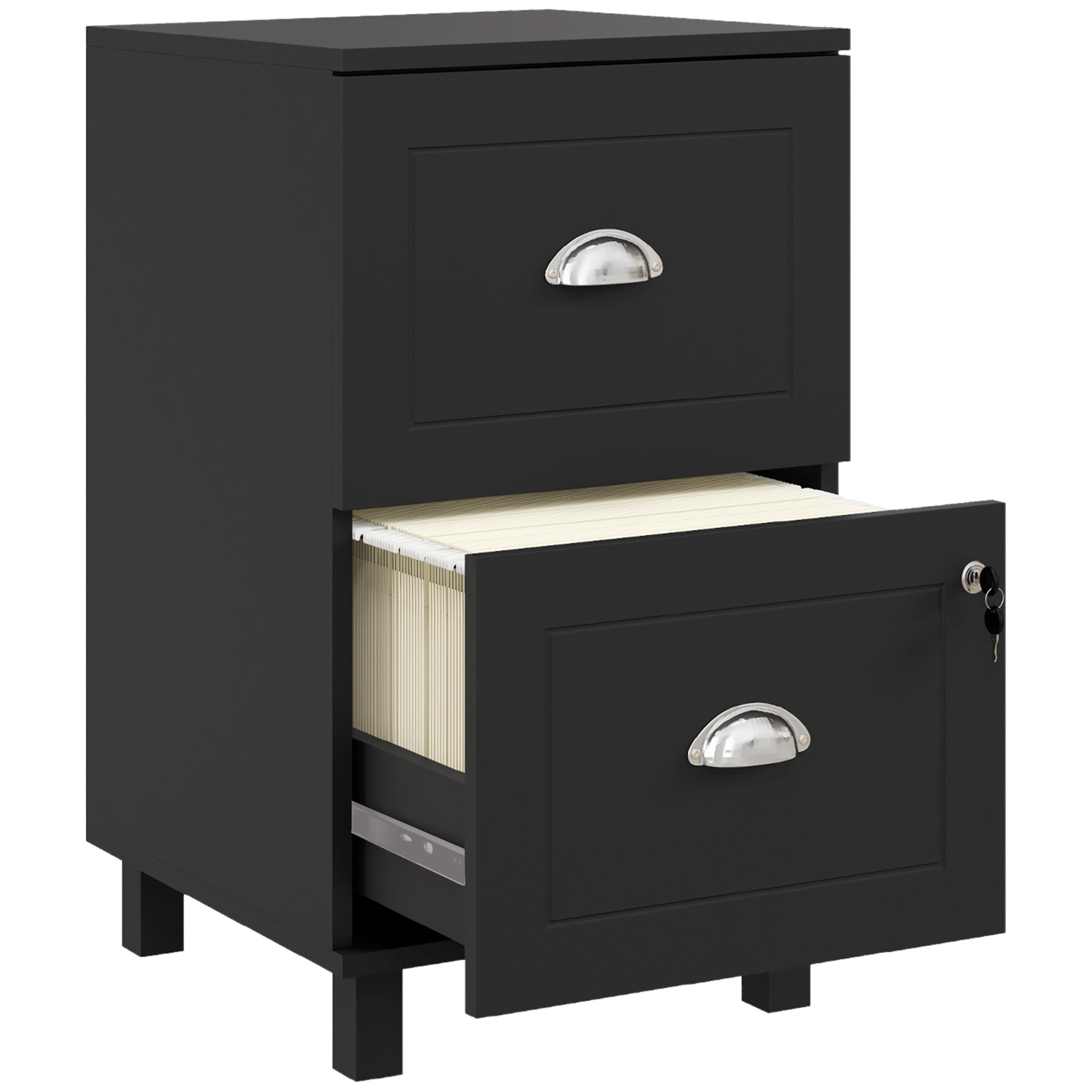 HOMCOM Pisarniški Pregradni Kabinet z 2 Predali, Zaklenljiv Fiksni Kabinet za Mizo z Obesnimi Mapami za A4 in Črke 40x41.5x67.5 cm Črna