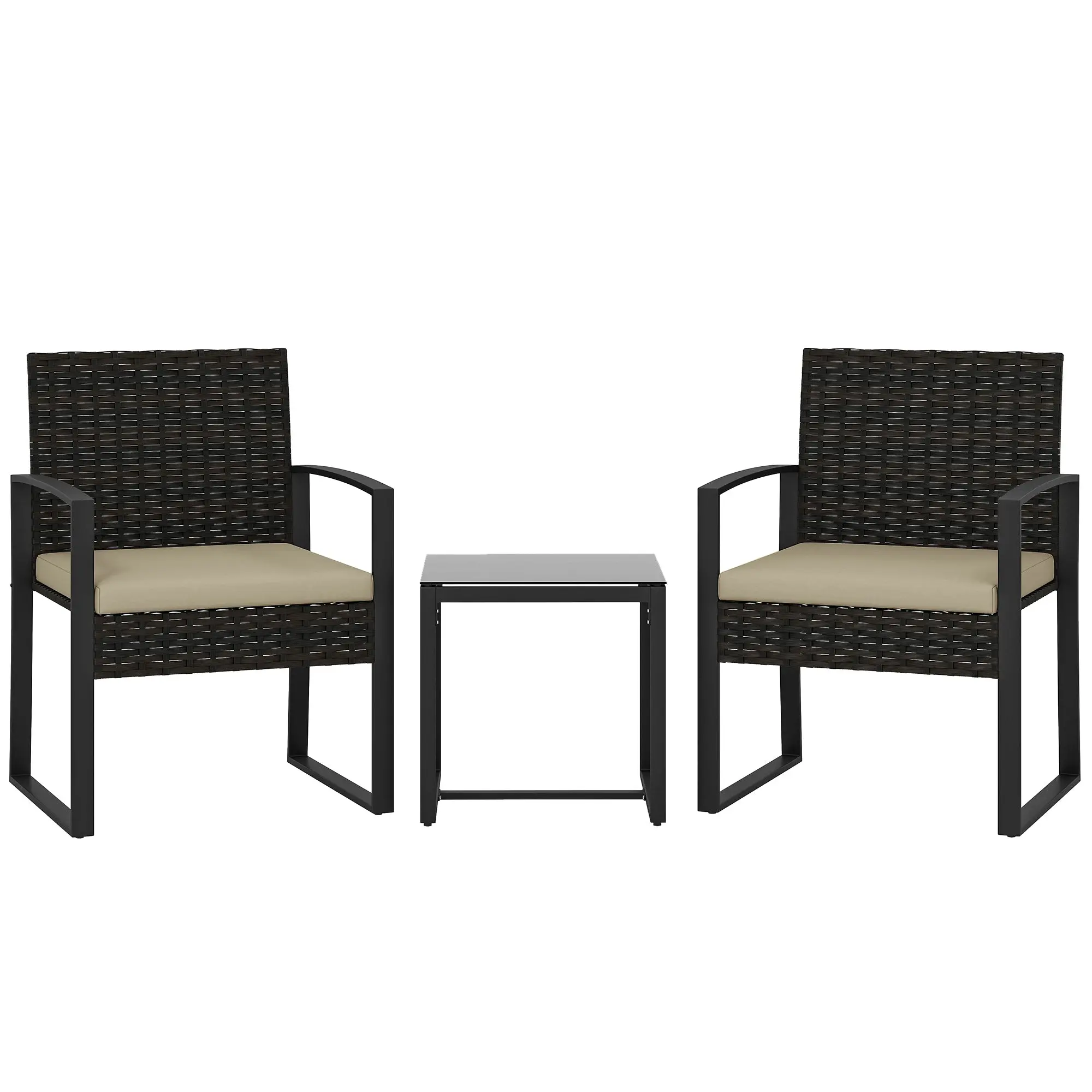 2-Person Outdoor PE Woven Patio Set with Tempered Glass Table and Cushions – Brown