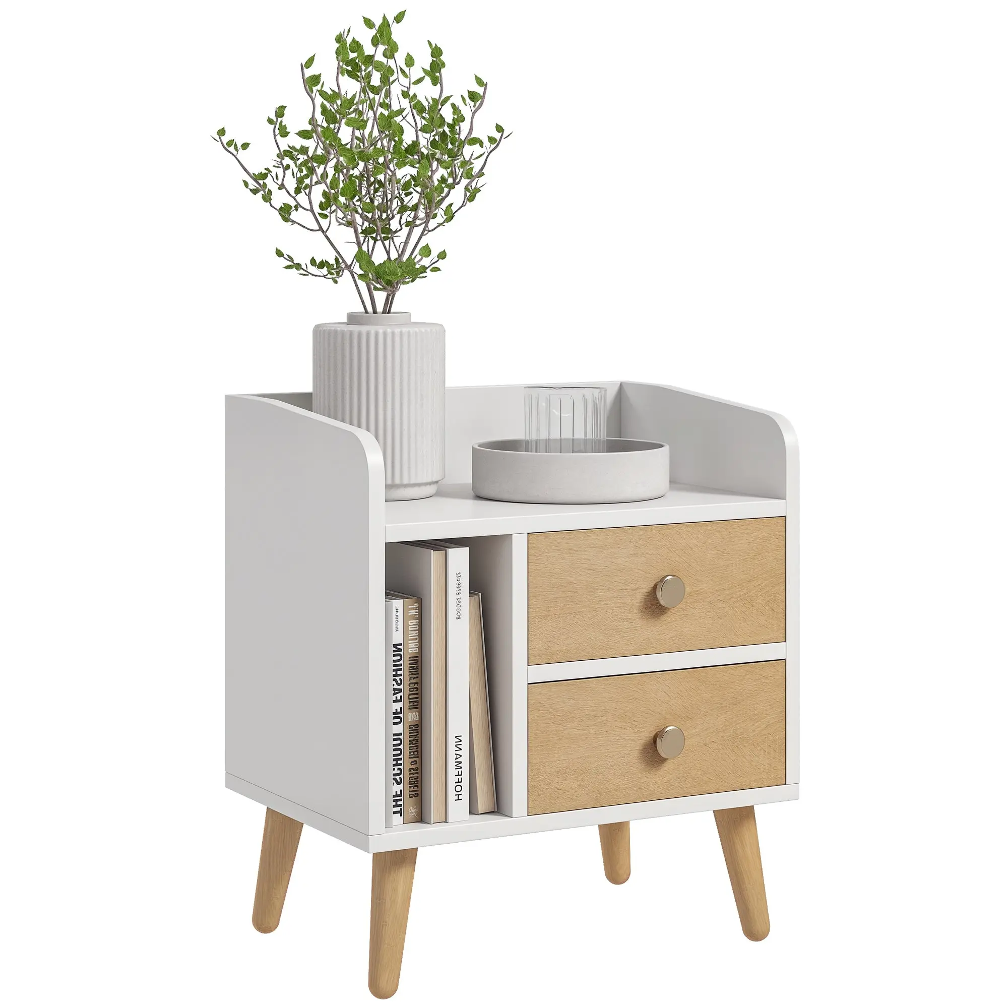 Bedside Table Nightstand with 2 Large Drawers and 1 Open Shelf and Raised Pine Legs Nordic Design for Living Room Bedroom 43x30x49 cm White