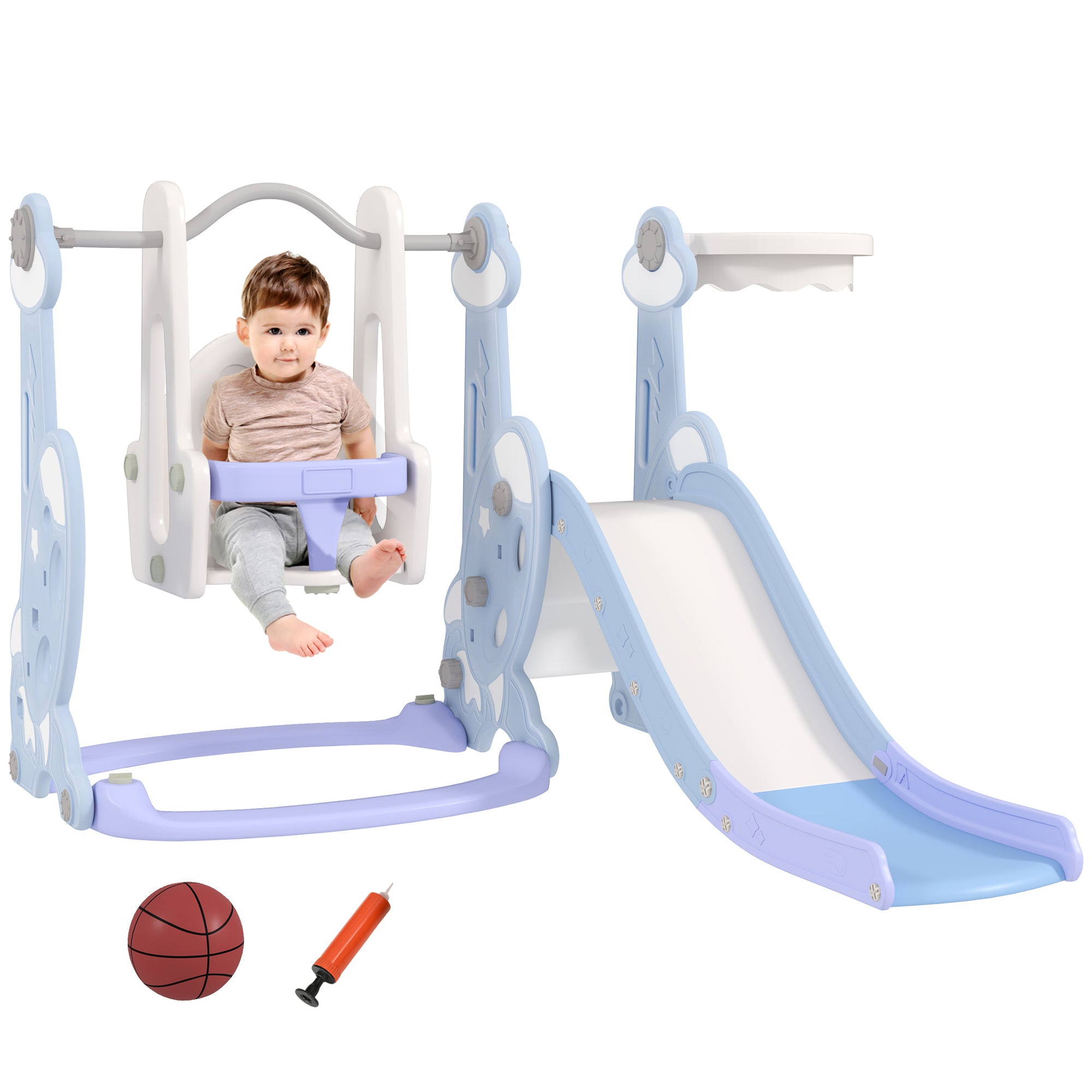 4-in-1 Slide for Kids with Swing, Basketball Hoop, Climbing Frame, Toddler Slide with Rocket Design Indoor and Outdoor Playground for Children 1.5-4 Years Light Blue