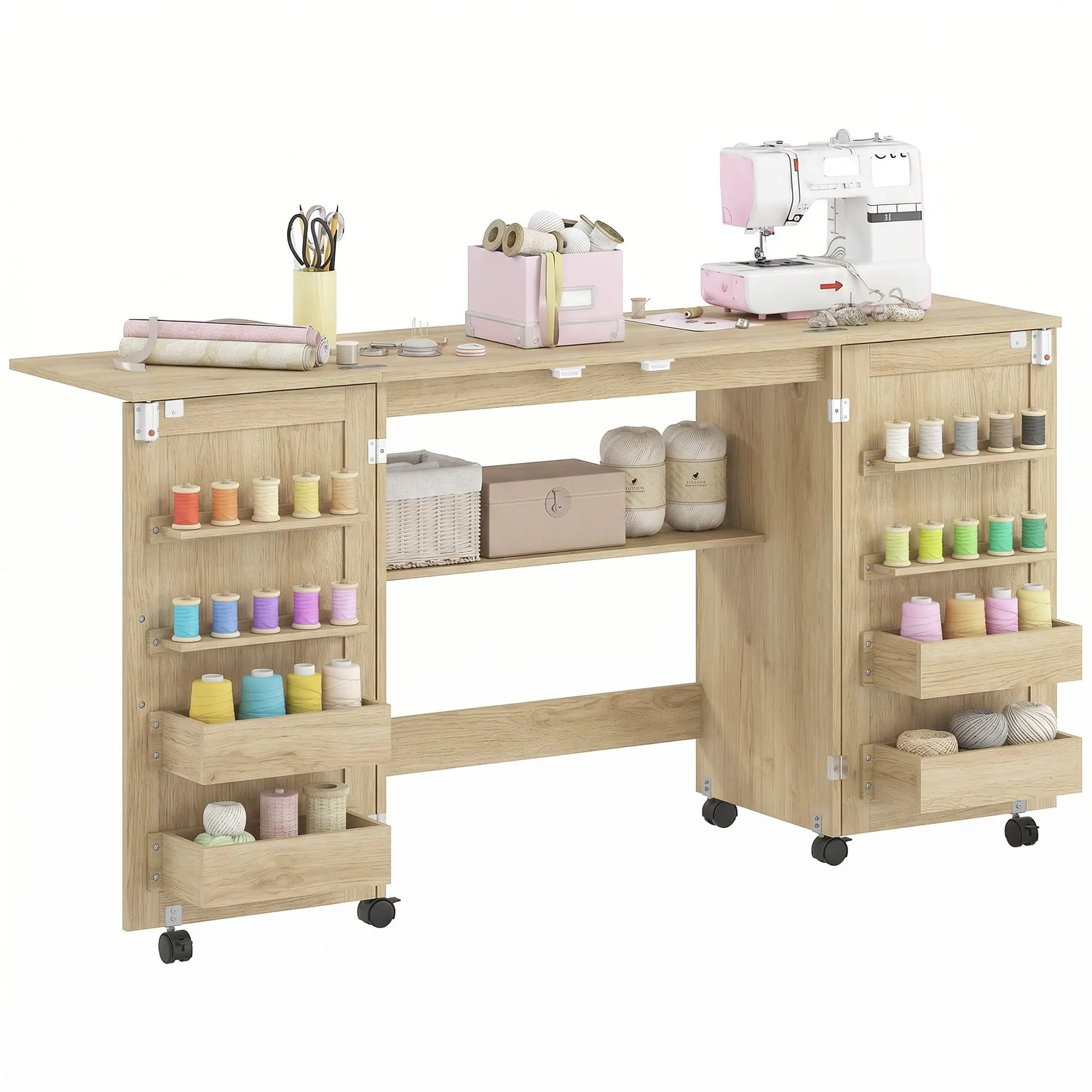 Folding Sewing Table with 6 Wheels, 20 Thread Pegs, 4 Compartments & Storage Shelf – Oak